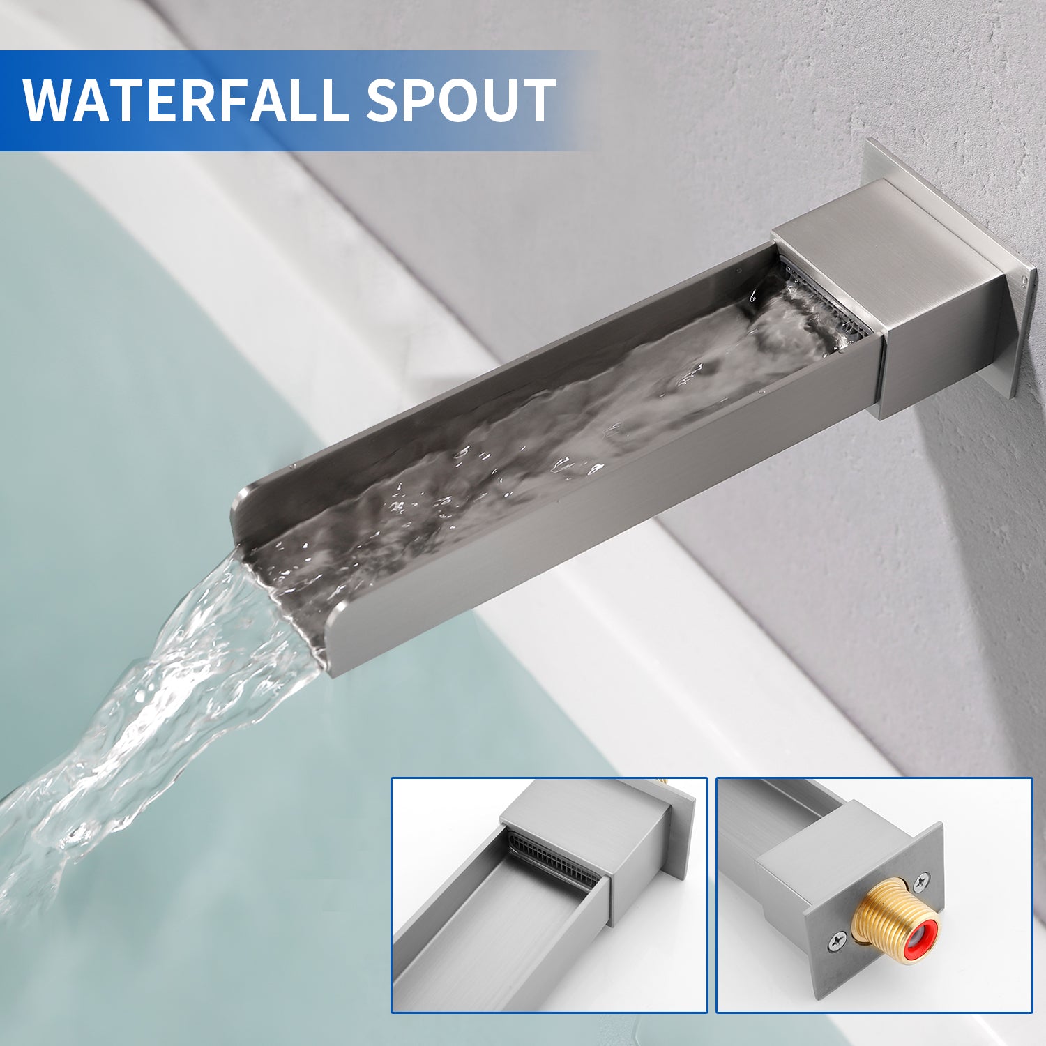 8" Square Rain Shower Head Systems with Waterfall Tub Spout,2 Functions Wall Mounted Shower Trim Kit