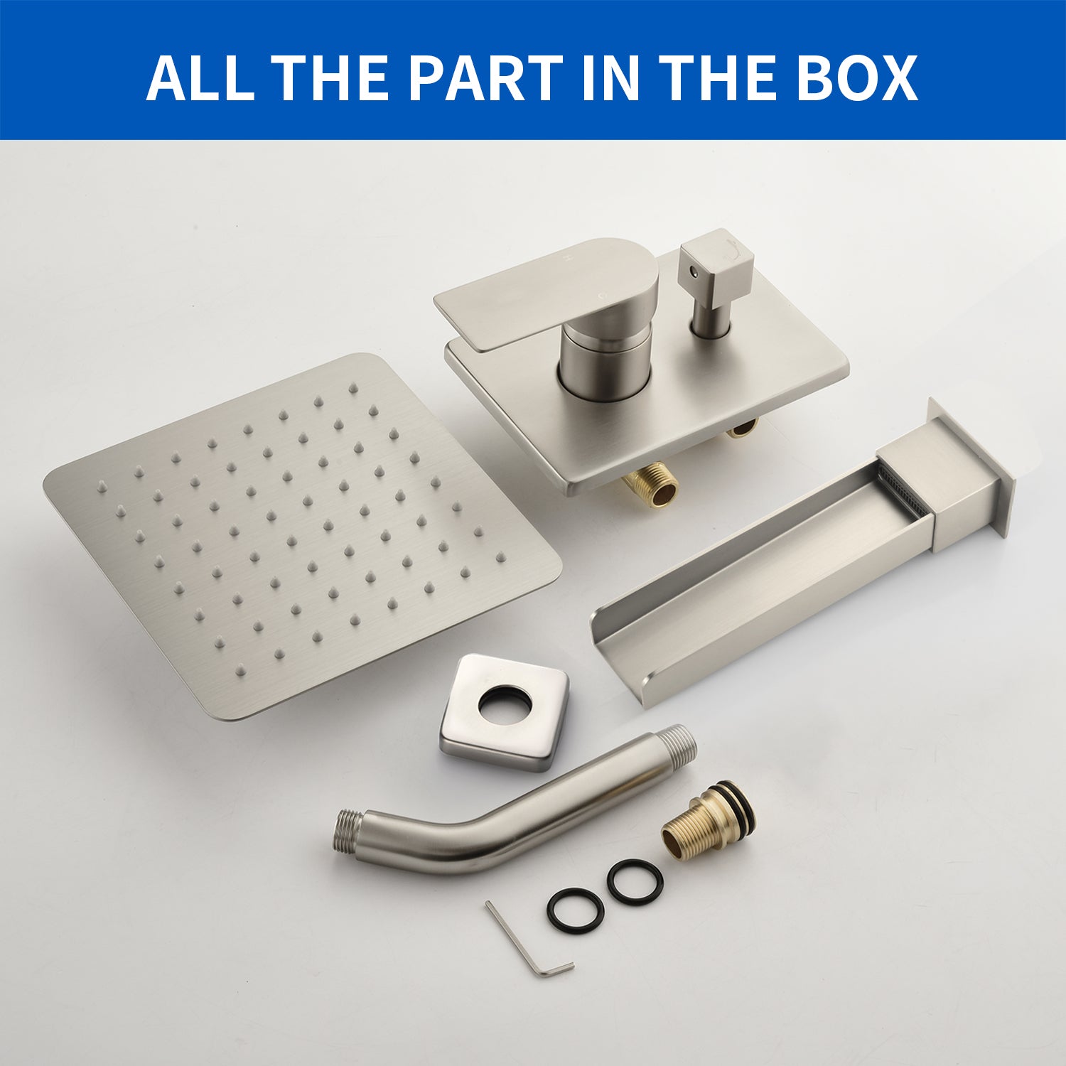 8" Square Rain Shower Head Systems with Waterfall Tub Spout,2 Functions Wall Mounted Shower Trim Kit