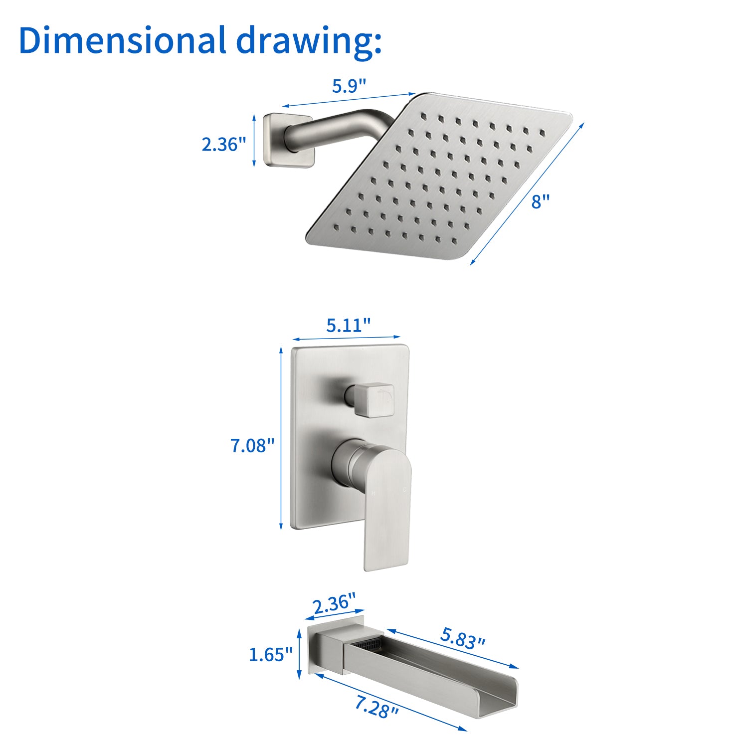 8" Square Rain Shower Head Systems with Waterfall Tub Spout,2 Functions Wall Mounted Shower Trim Kit