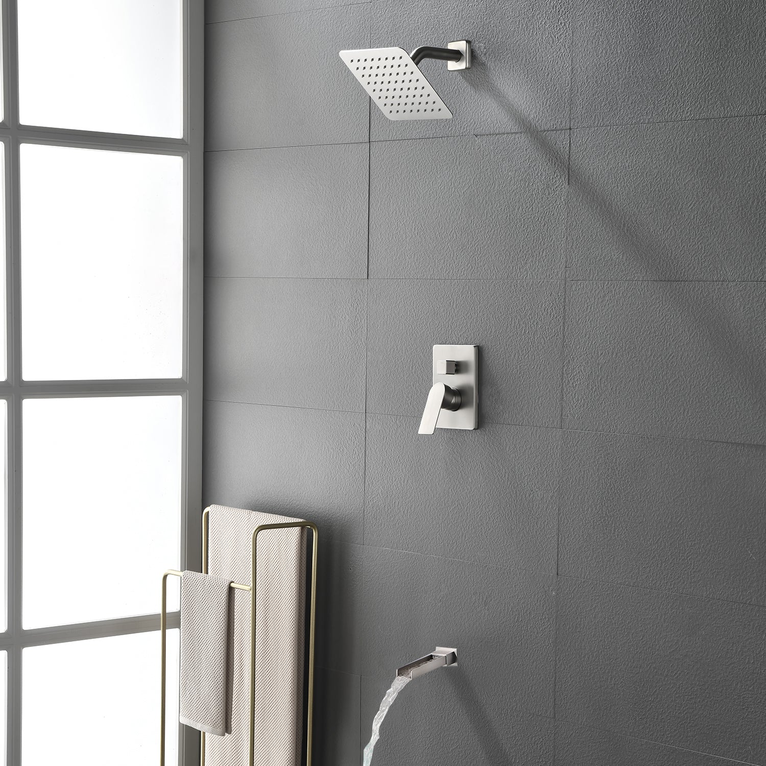 8" Square Rain Shower Head Systems with Waterfall Tub Spout,2 Functions Wall Mounted Shower Trim Kit
