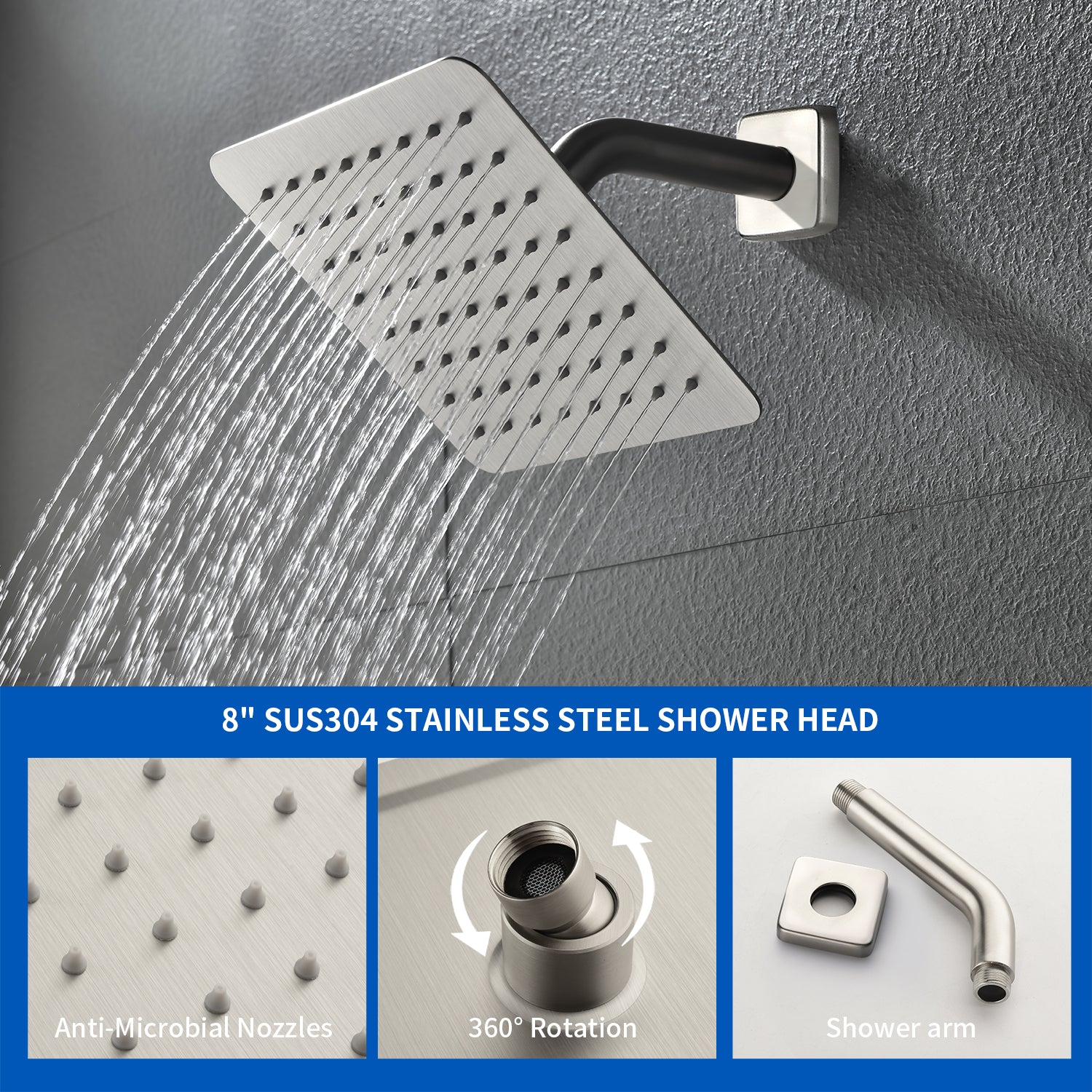8" Square Rain Shower Head Systems with Waterfall Tub Spout,2 Functions Wall Mounted Shower Trim Kit