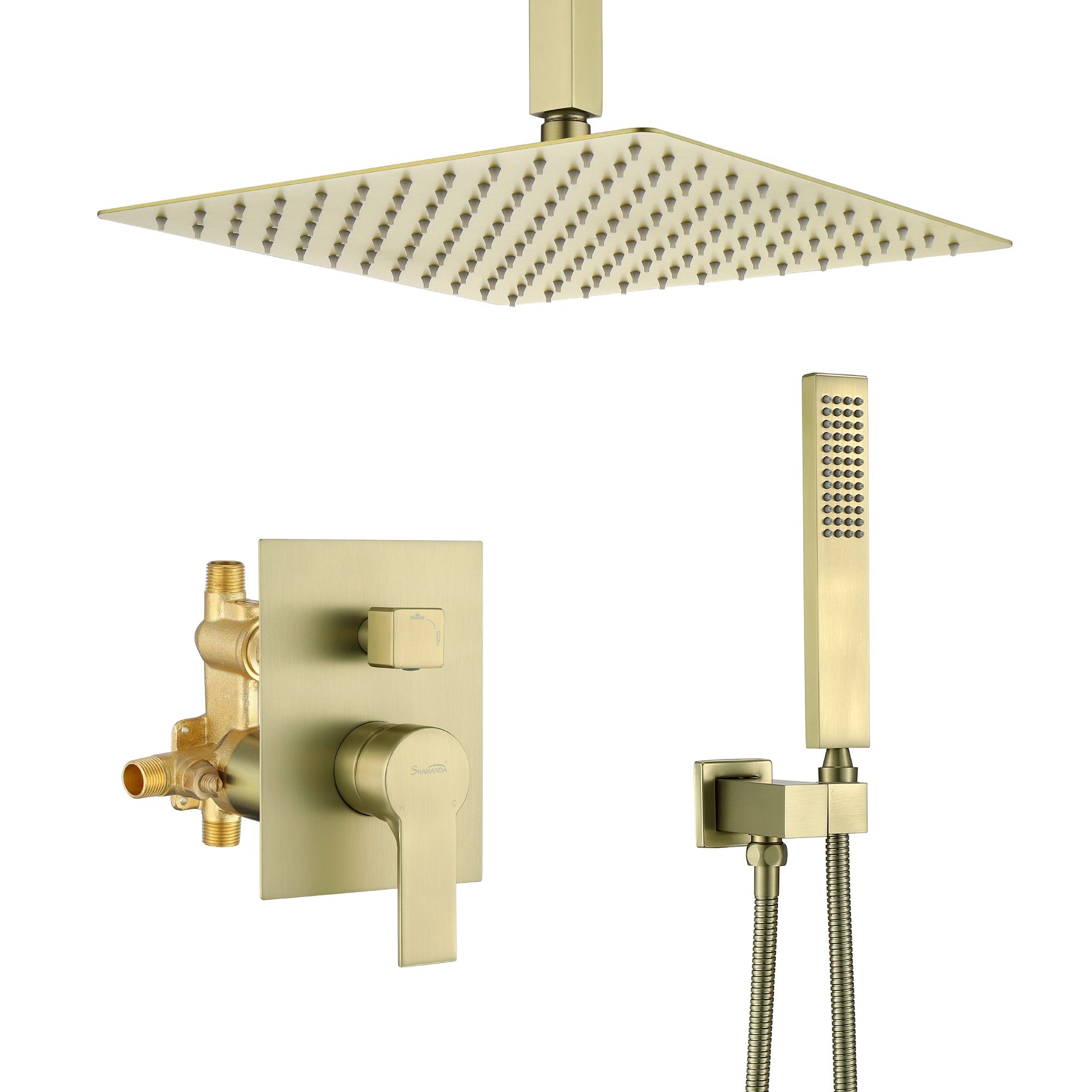Ceiling Mounted Rain Shower System, SHAMANDA Luxury Brass Shower Faucet Set with 12 Inch Shower Head and Hand Shower