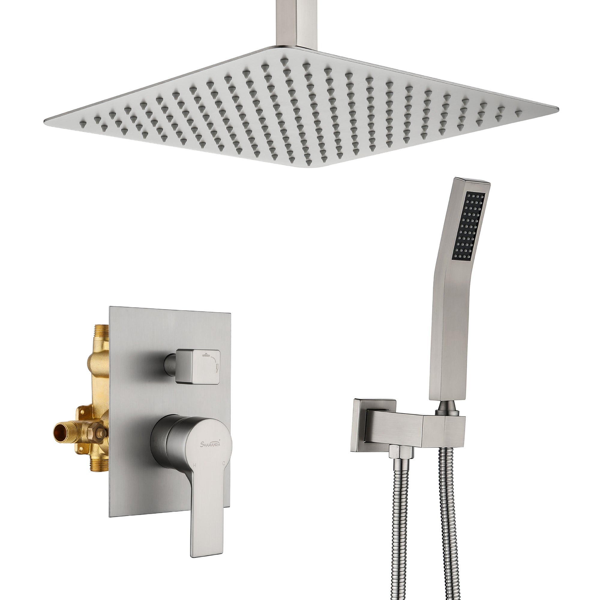 Ceiling Mounted Rain Shower System, SHAMANDA Luxury Brass Shower Faucet Set with 12 Inch Shower Head and Hand Shower