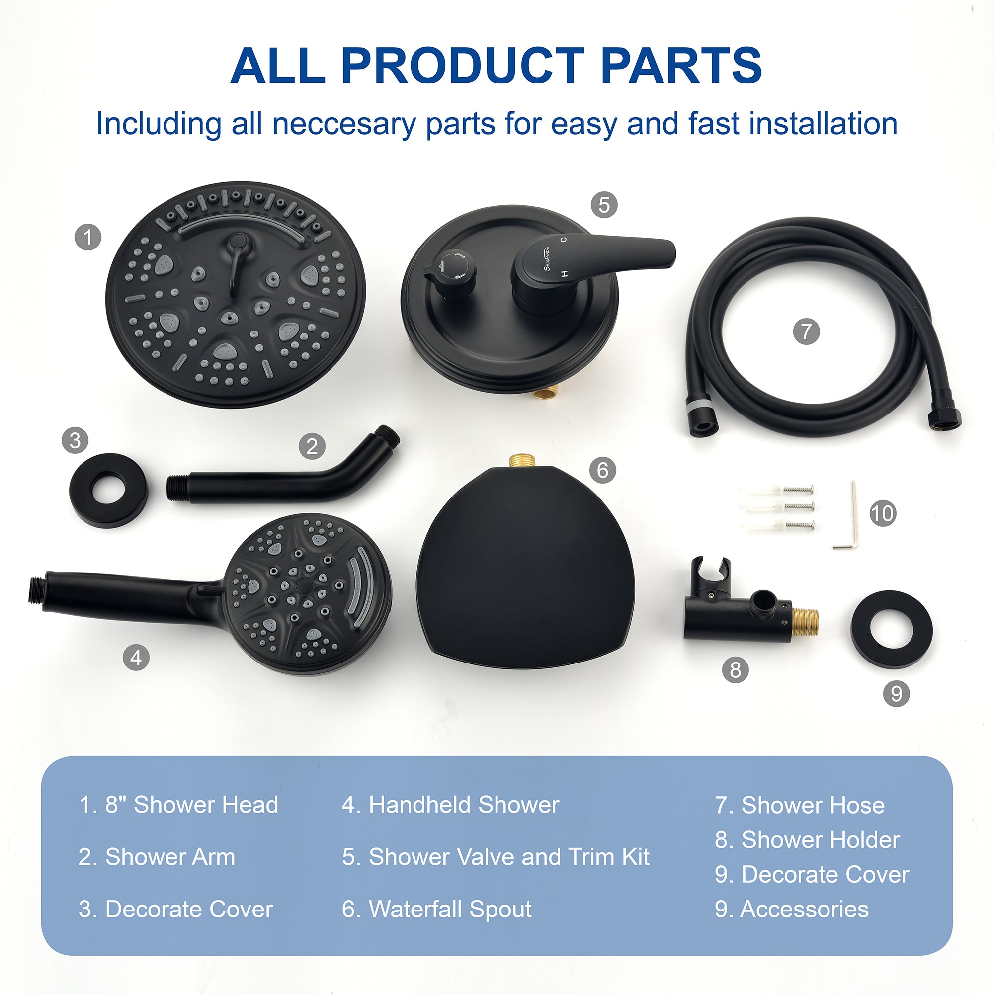 Luxury Tub Shower Faucet Set with Round-in Valve, Wall Mounted Shower System with Waterfall Tub Spout and 6-Setting Rain Shower Head with 9-Setting Handheld
