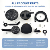 Luxury Tub Shower Faucet Set with Round-in Valve, Wall Mounted Shower System with Waterfall Tub Spout and 6-Setting Rain Shower Head with 9-Setting Handheld