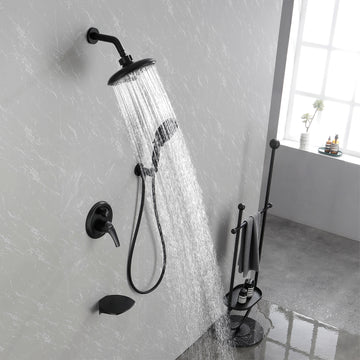 Luxury Tub Shower Faucet Set with Round-in Valve, Wall Mounted Shower System with Waterfall Tub Spout and 6-Setting Rain Shower Head with 9-Setting Handheld