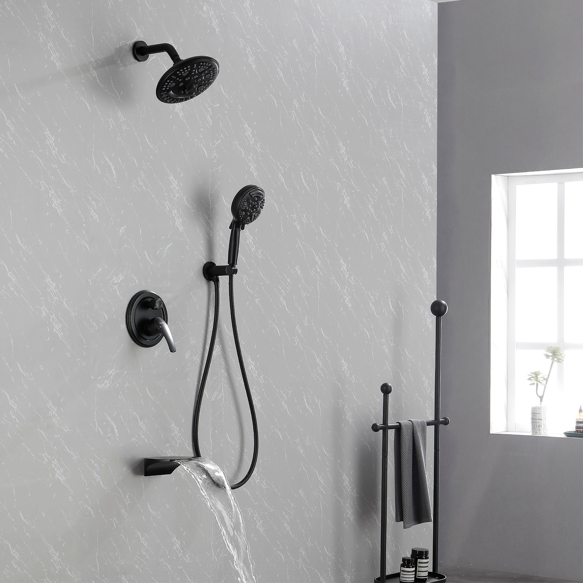 Luxury Tub Shower Faucet Set with Round-in Valve, Wall Mounted Shower System with Waterfall Tub Spout and 6-Setting Rain Shower Head with 9-Setting Handheld