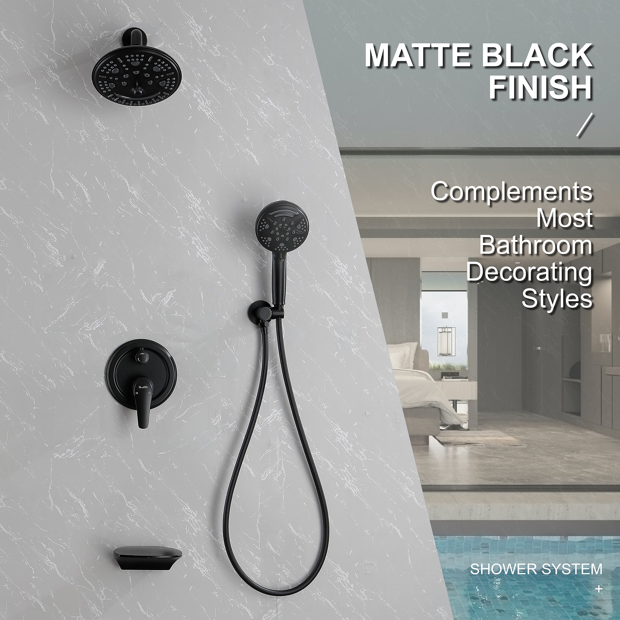 Luxury Tub Shower Faucet Set with Round-in Valve, Wall Mounted Shower System with Waterfall Tub Spout and 6-Setting Rain Shower Head with 9-Setting Handheld