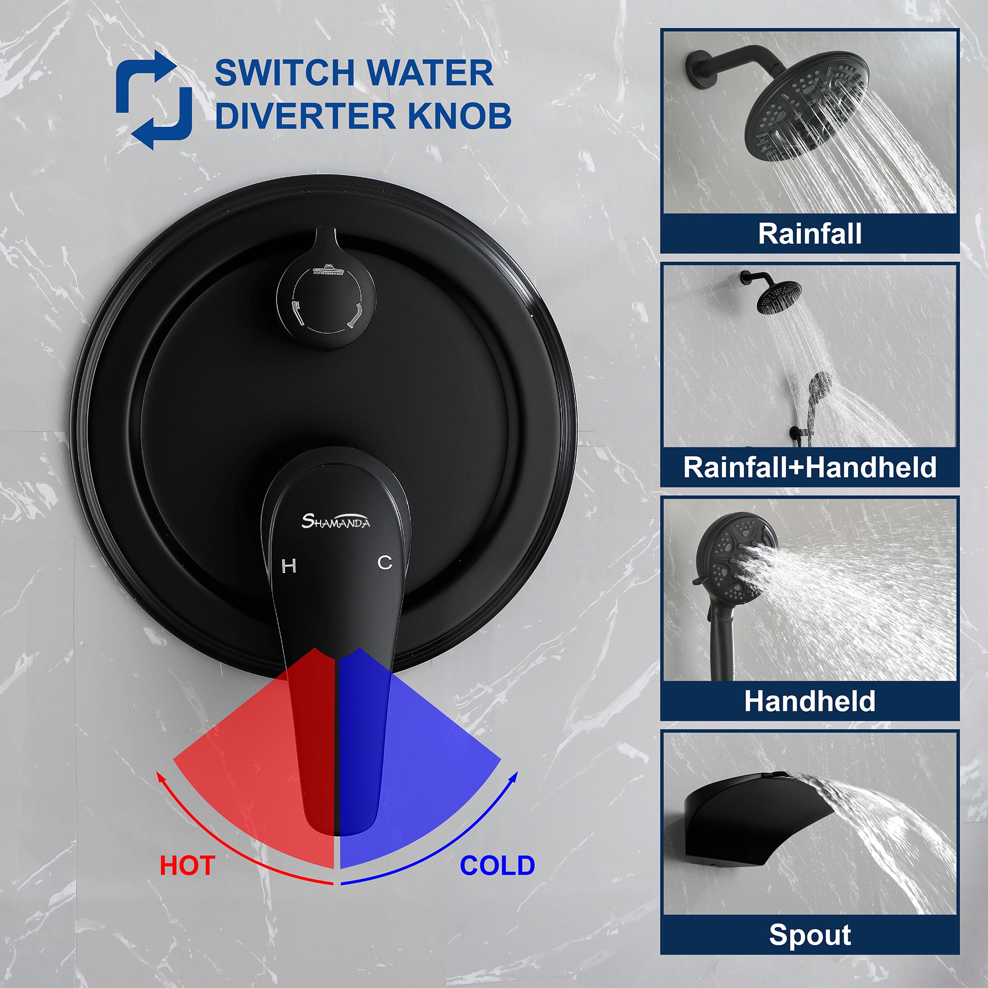 Luxury Tub Shower Faucet Set with Round-in Valve, Wall Mounted Shower System with Waterfall Tub Spout and 6-Setting Rain Shower Head with 9-Setting Handheld