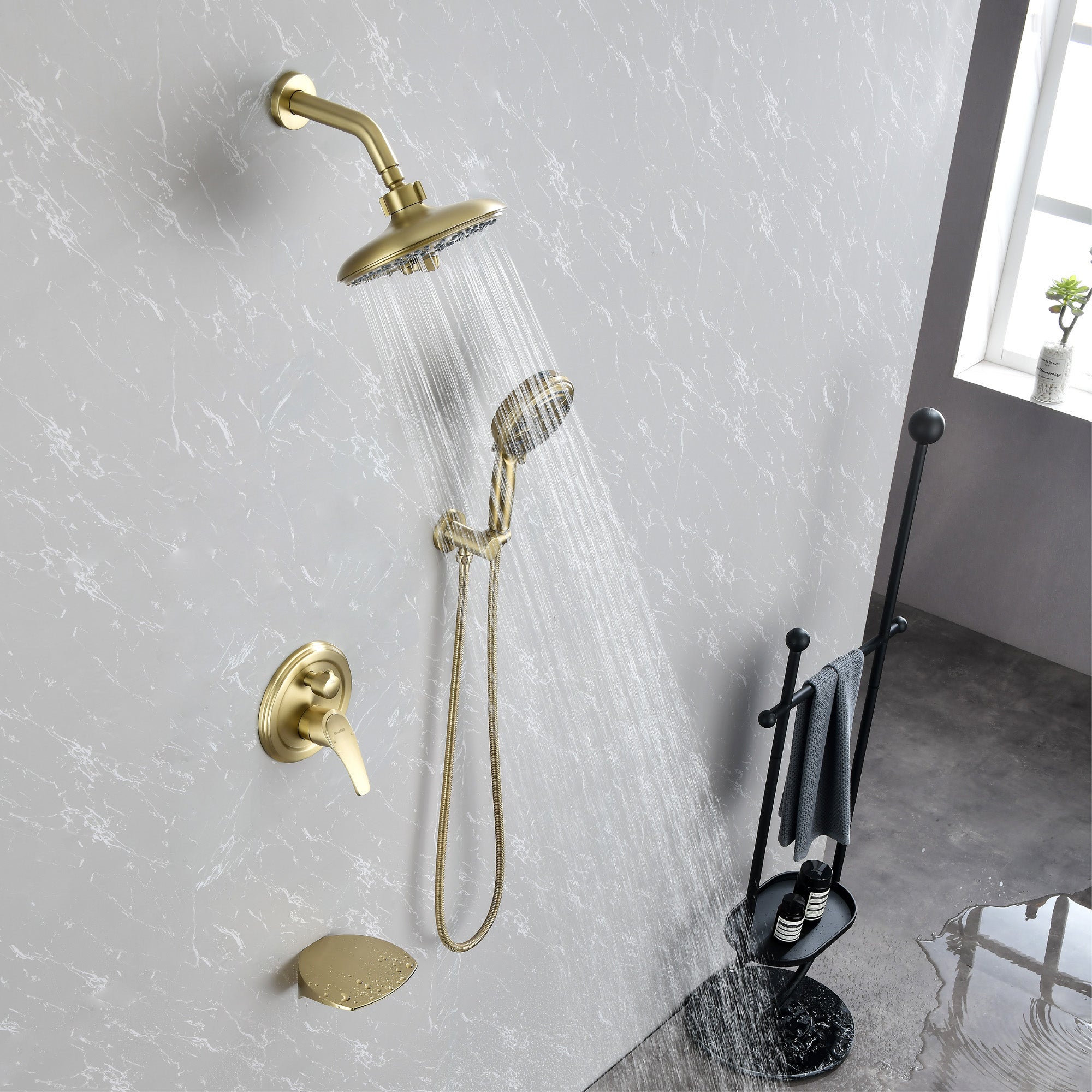 Luxury Tub Shower Faucet Set with Round-in Valve, Wall Mounted Shower System with Waterfall Tub Spout and 6-Setting Rain Shower Head with 9-Setting Handheld