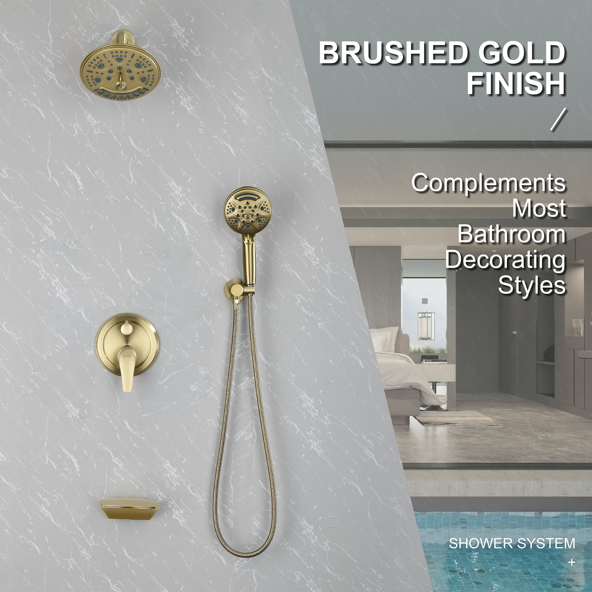 Luxury Tub Shower Faucet Set with Round-in Valve, Wall Mounted Shower System with Waterfall Tub Spout and 6-Setting Rain Shower Head with 9-Setting Handheld