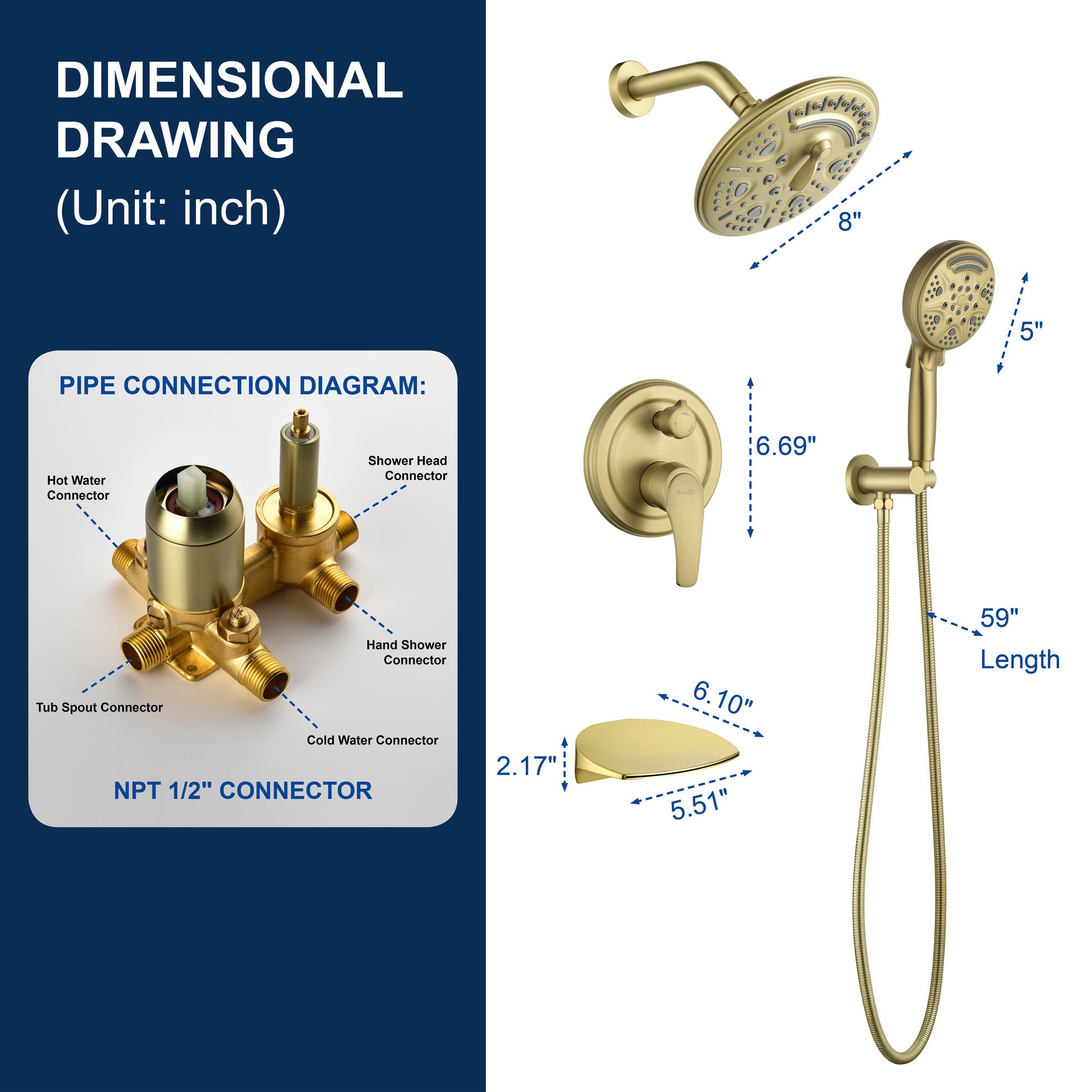 Luxury Tub Shower Faucet Set with Round-in Valve, Wall Mounted Shower System with Waterfall Tub Spout and 6-Setting Rain Shower Head with 9-Setting Handheld