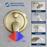 Luxury Tub Shower Faucet Set with Round-in Valve, Wall Mounted Shower System with Waterfall Tub Spout and 6-Setting Rain Shower Head with 9-Setting Handheld