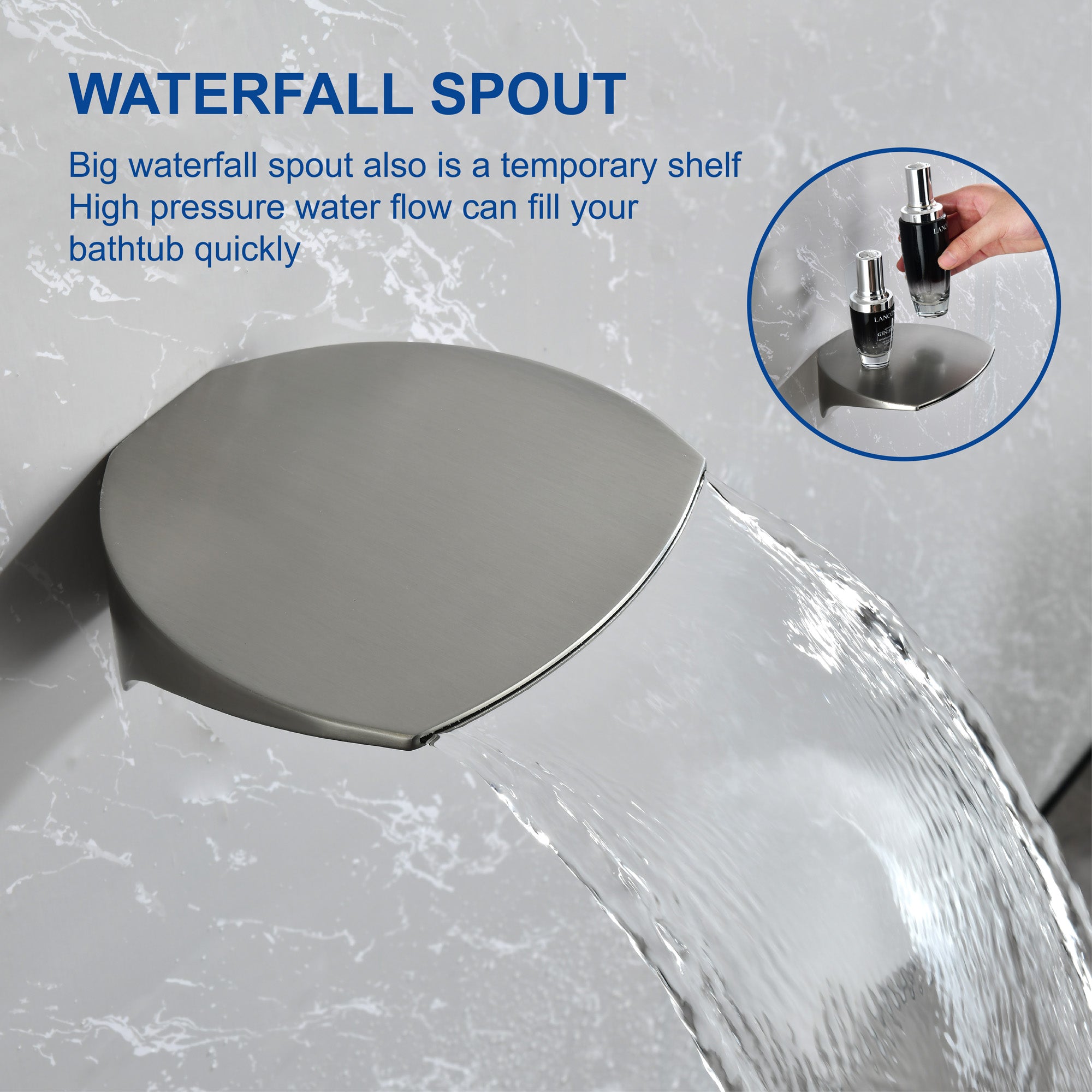 Luxury Tub Shower Faucet Set with Round-in Valve, Wall Mounted Shower System with Waterfall Tub Spout and 6-Setting Rain Shower Head with 9-Setting Handheld