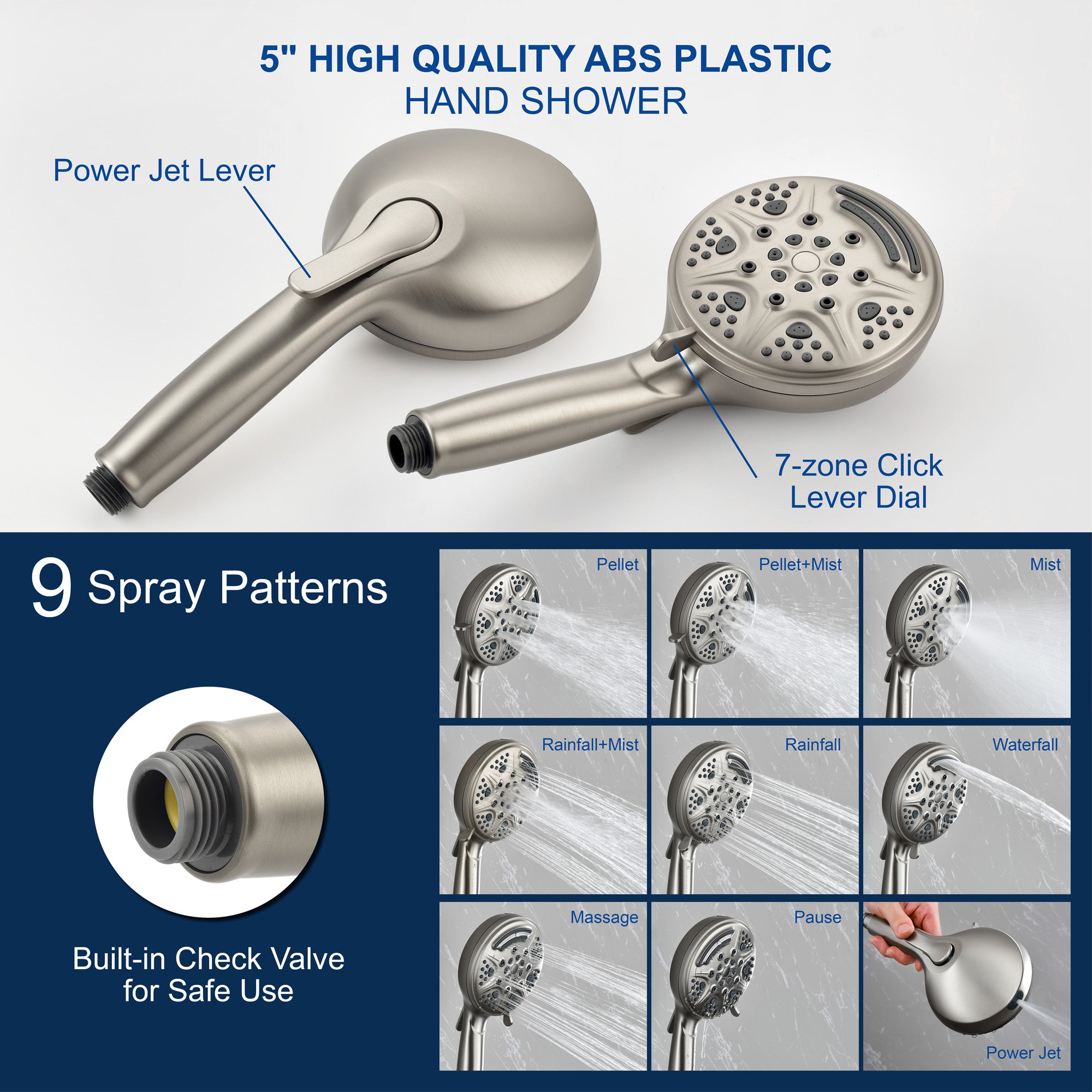 Luxury Tub Shower Faucet Set with Round-in Valve, Wall Mounted Shower System with Waterfall Tub Spout and 6-Setting Rain Shower Head with 9-Setting Handheld