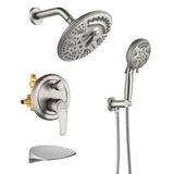 Luxury Tub Shower Faucet Set with Round-in Valve, Wall Mounted Shower System with Waterfall Tub Spout and 6-Setting Rain Shower Head with 9-Setting Handheld