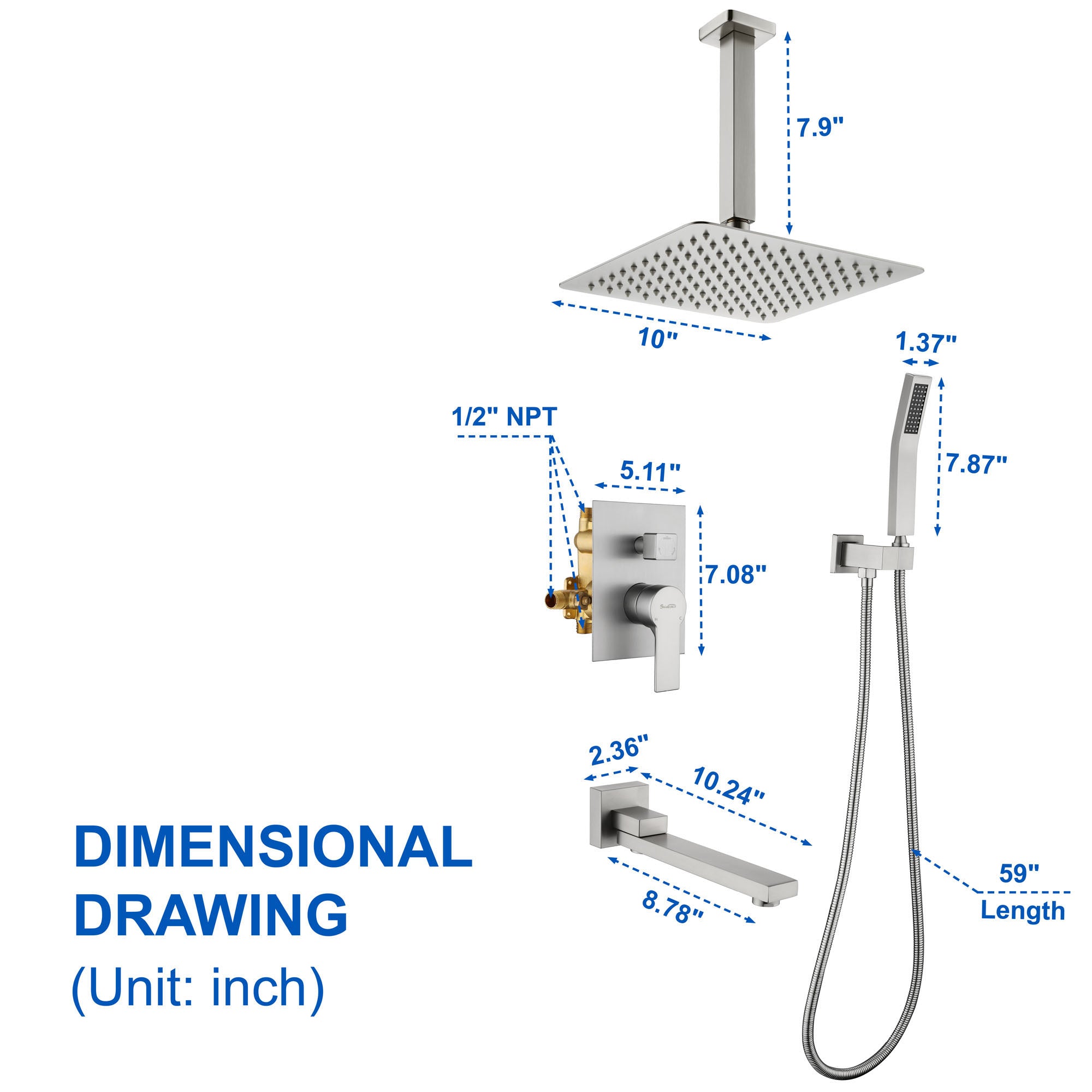 Luxury Tub Shower Faucet Combo Set with Rough-in Valve, Wall Mounted Shower System with Tub Spout Bathroom Shower Fixture Shower Valve and Trim Kit