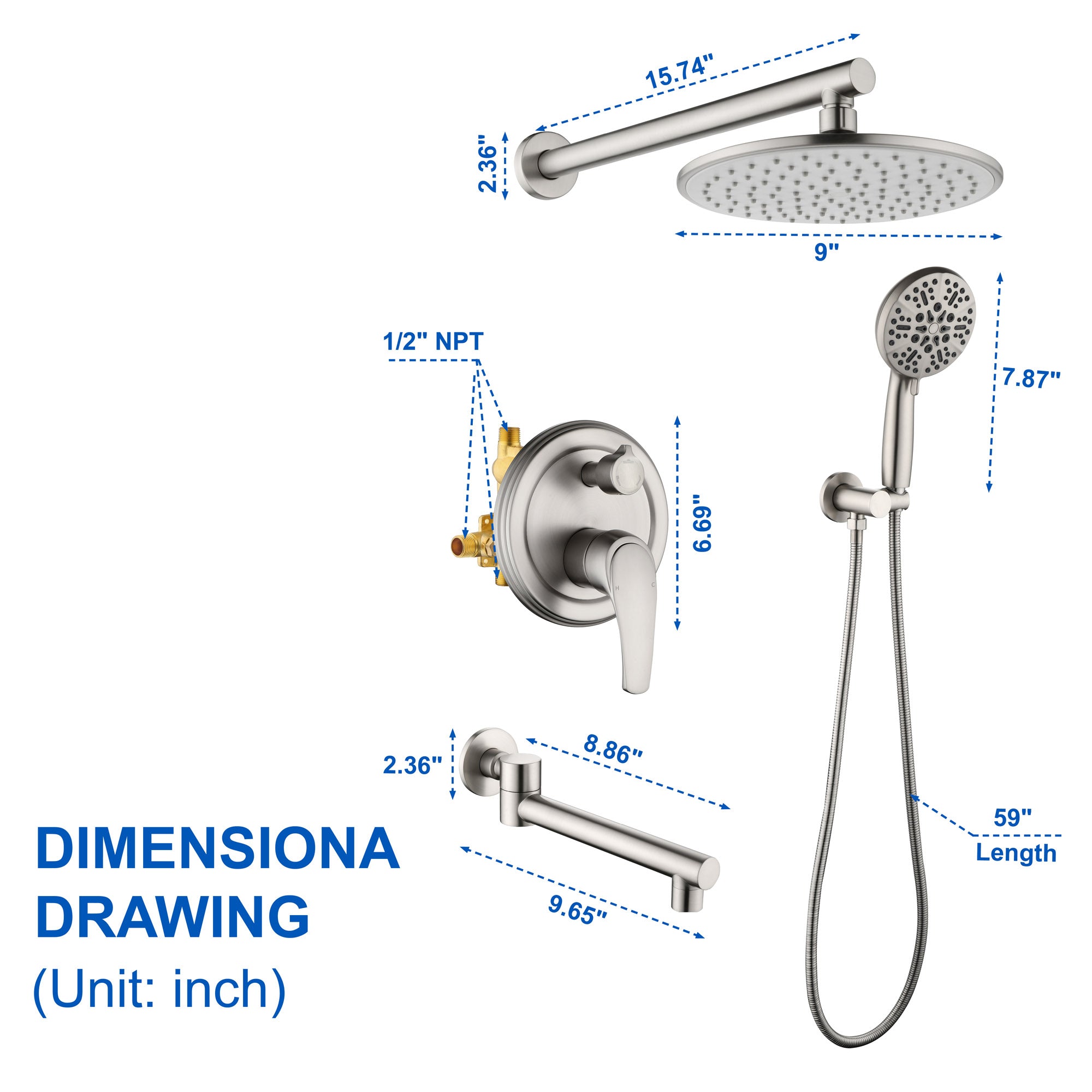 Shower Faucet Set with Tub Spout Luxury Tub Shower Faucet Combo Set with 9 inches Shower Head and Handheld Shower Bathroom Shower Valve Trim Kit Shower Fixture