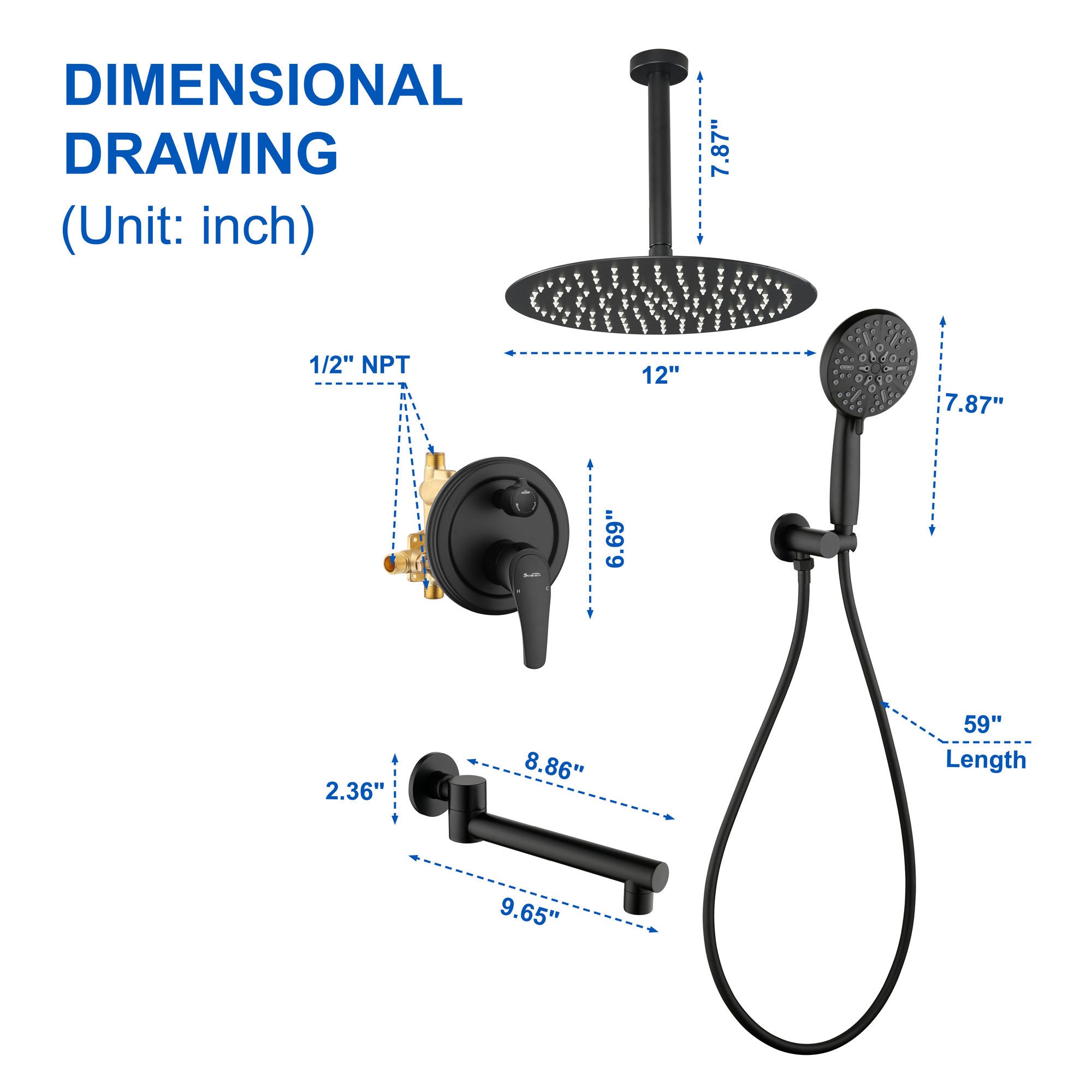Shower Faucet Set with Tub Spout Rain Shower System Bathroom Shower Set Tub Shower Faucet Combo Set Complete Celling Mounted
