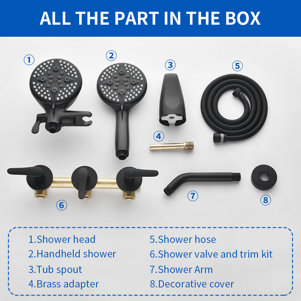 3 Handle Tub Shower Faucet Set Shower System with Tub Spout Bathtub Faucet Set Shower Tub Combo Set Complete Tub and Shower Trim Kit Matte Black