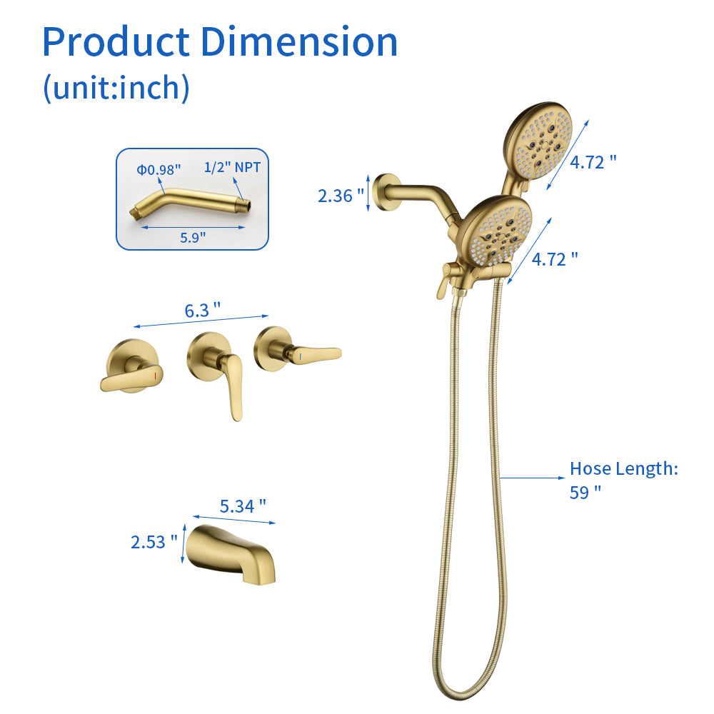 3 Handle Tub Shower Faucet Set Shower System with Tub Spout Bathtub Faucet Set Shower Tub Combo Set Complete Tub and Shower Trim Kit Matte Black