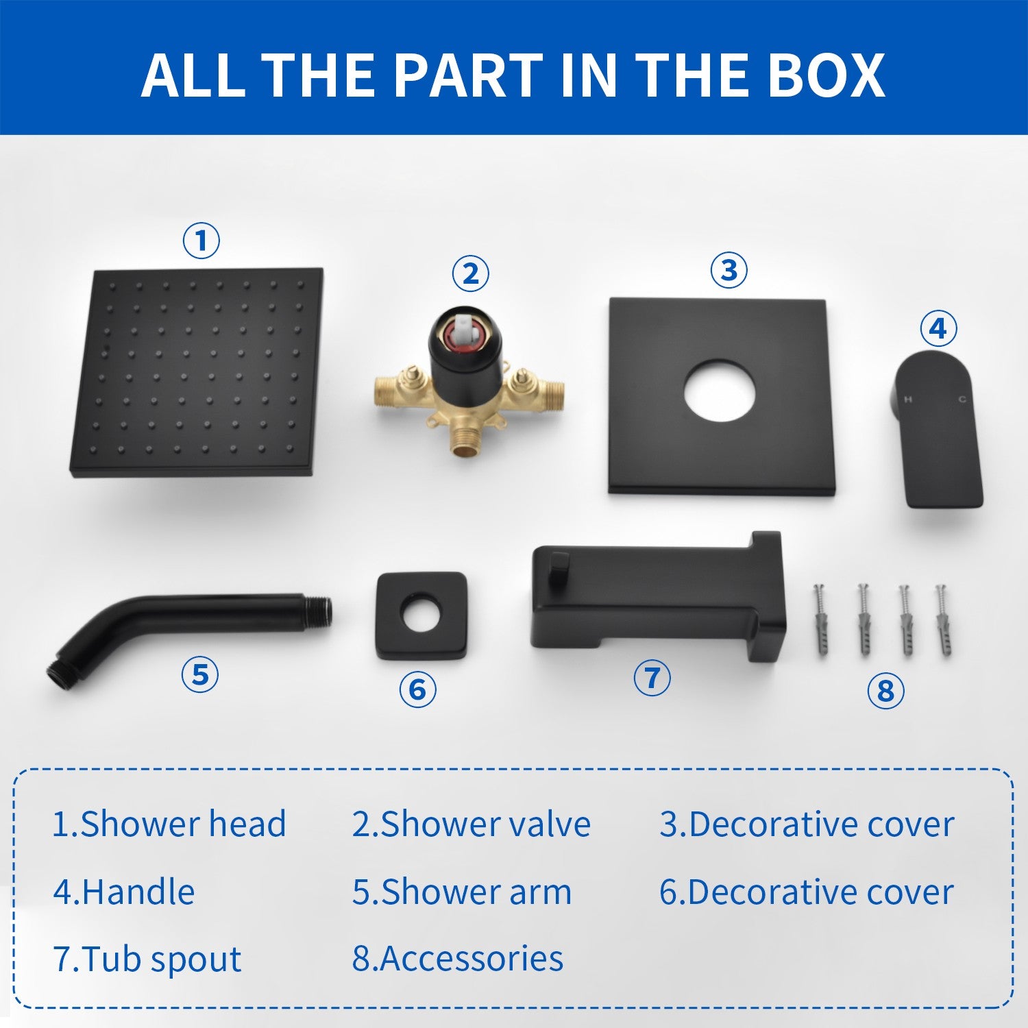 High pressure Single function 6 inch Square Shower Trim Kit with Diverting Tub Spout