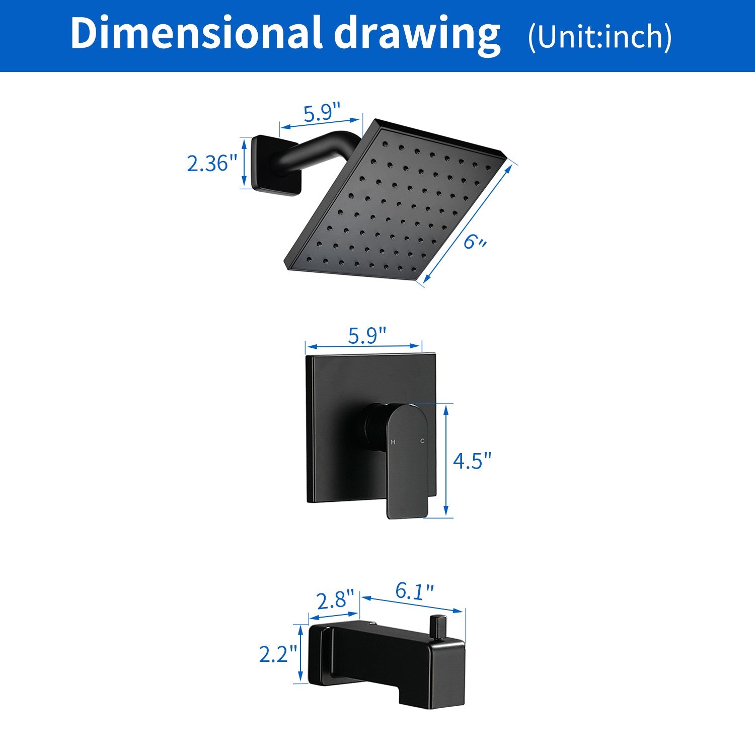 High pressure Single function 6 inch Square Shower Trim Kit with Diverting Tub Spout
