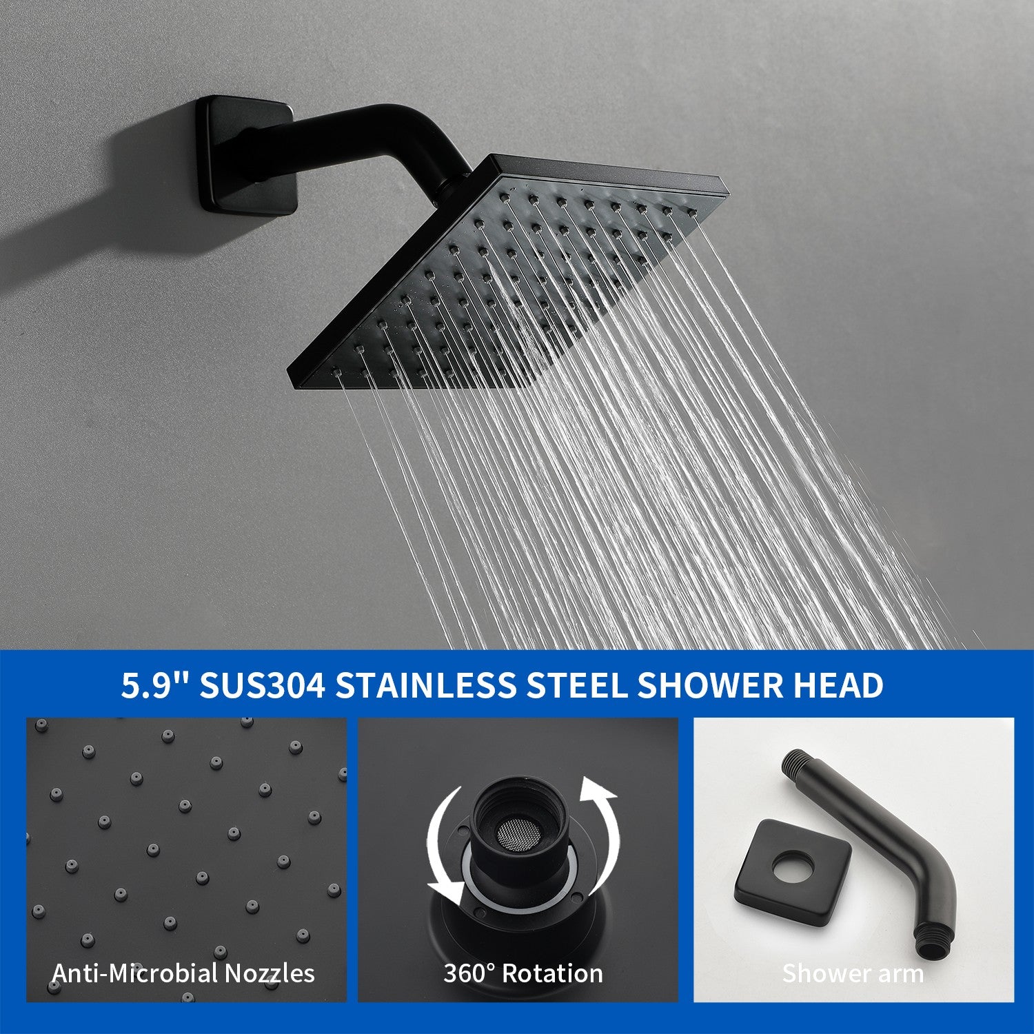 High pressure Single function 6 inch Square Shower Trim Kit with Diverting Tub Spout