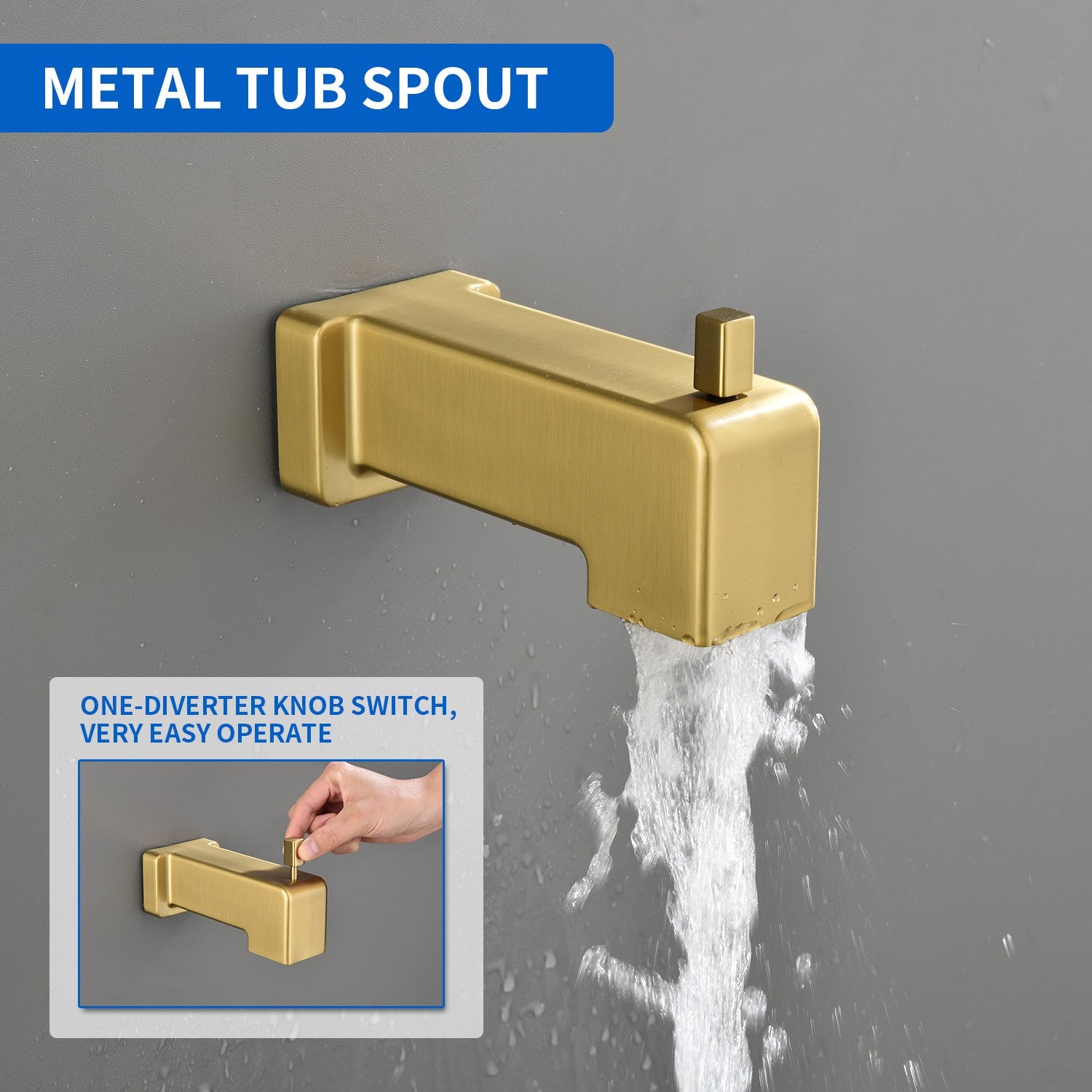 High pressure Single function 6 inch Square Shower Trim Kit with Diverting Tub Spout