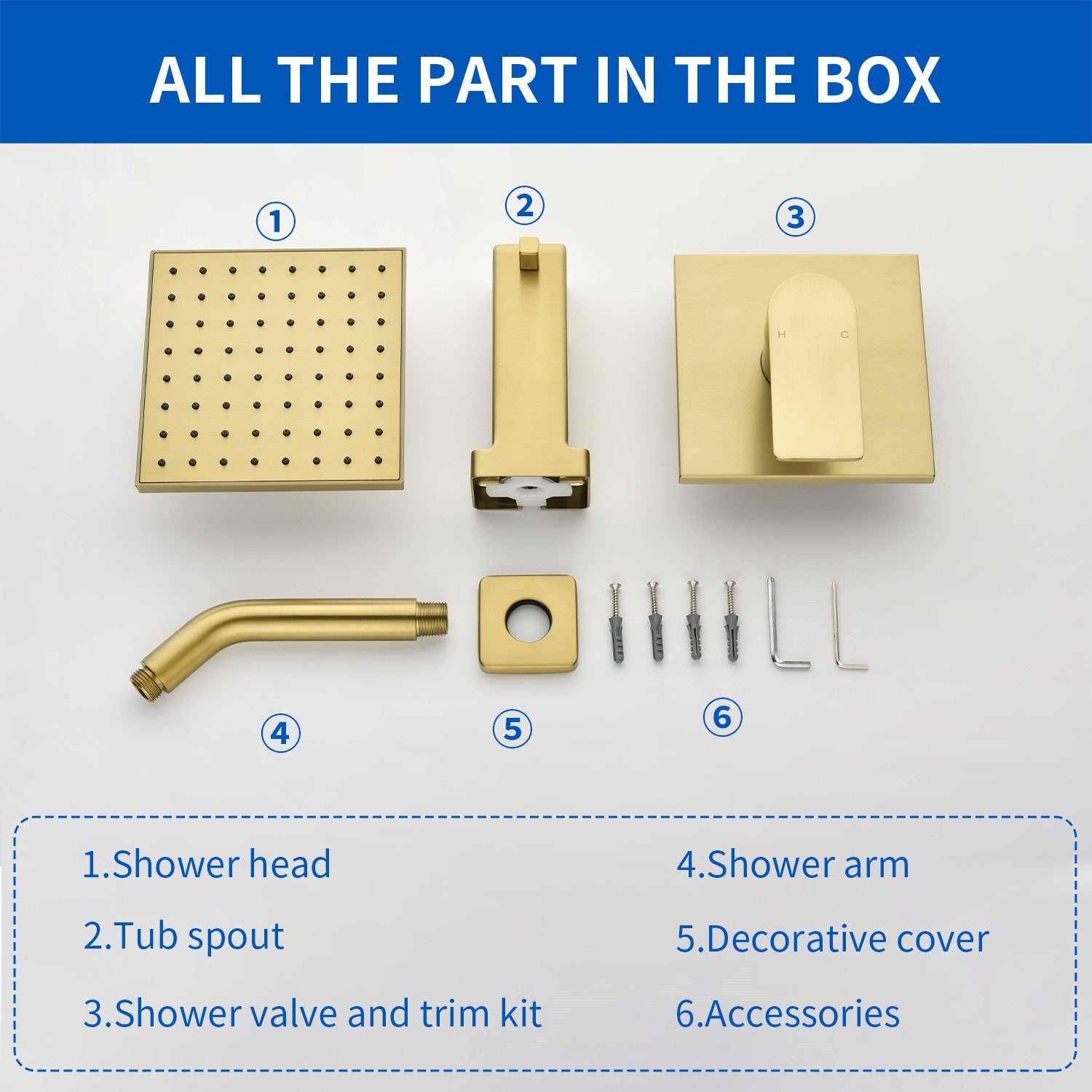 High pressure Single function 6 inch Square Shower Trim Kit with Diverting Tub Spout
