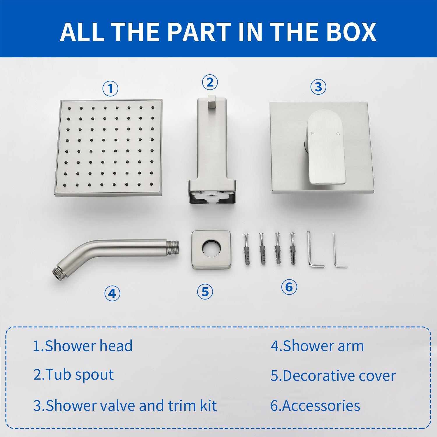 High pressure Single function 6 inch Square Shower Trim Kit with Diverting Tub Spout
