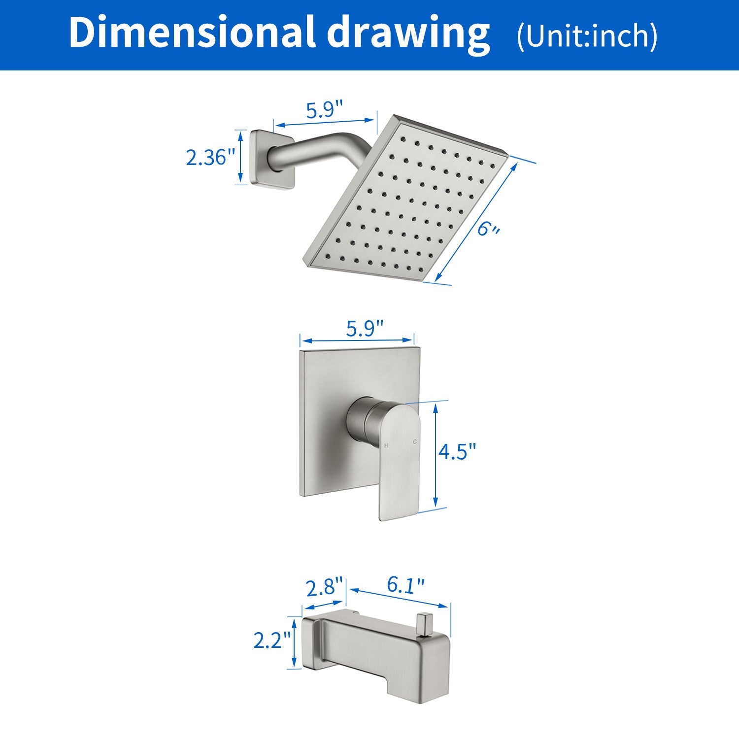 High pressure Single function 6 inch Square Shower Trim Kit with Diverting Tub Spout