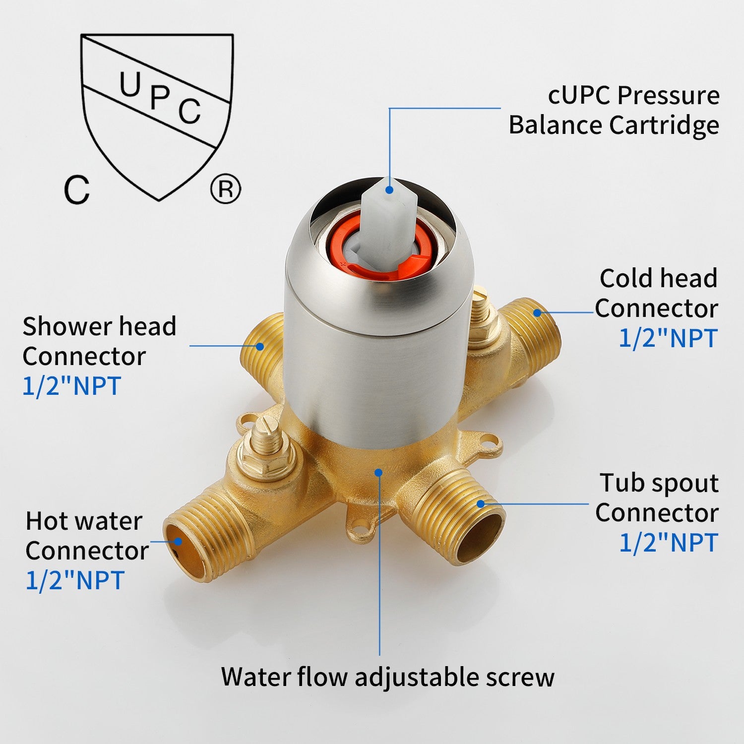 High pressure Single function 6 inch Square Shower Trim Kit with Diverting Tub Spout