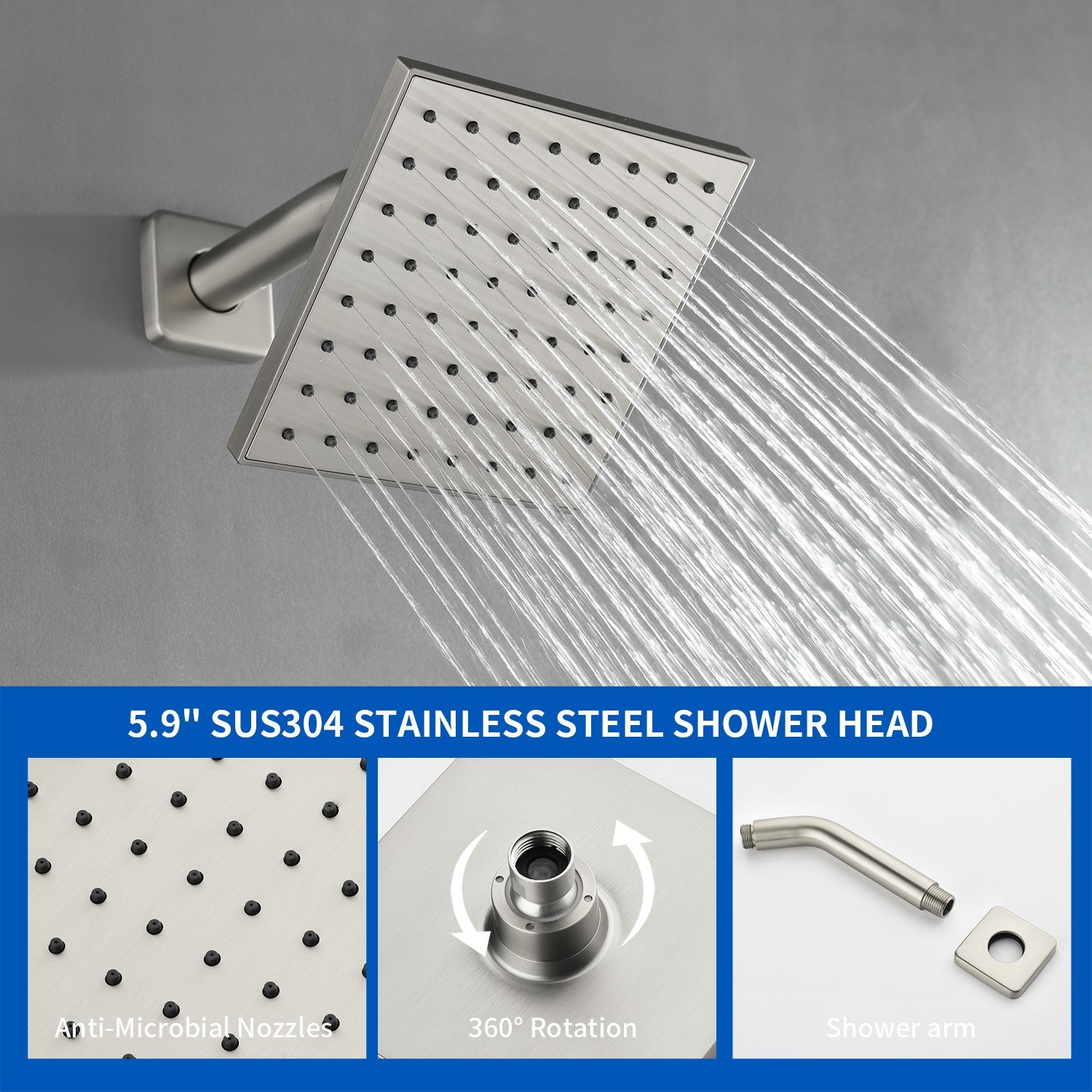 High pressure Single function 6 inch Square Shower Trim Kit with Diverting Tub Spout