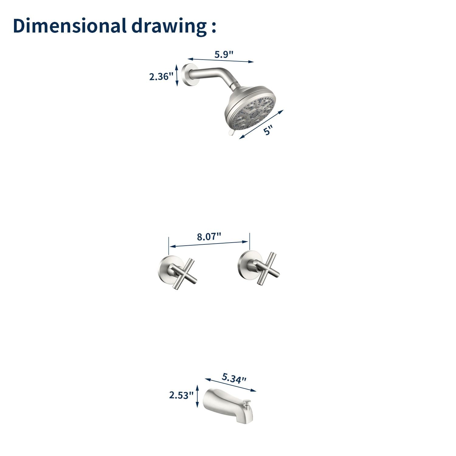 Two-Cross Handle Diverter Tub and Shower Set with ABS 10-Spray Head Shower