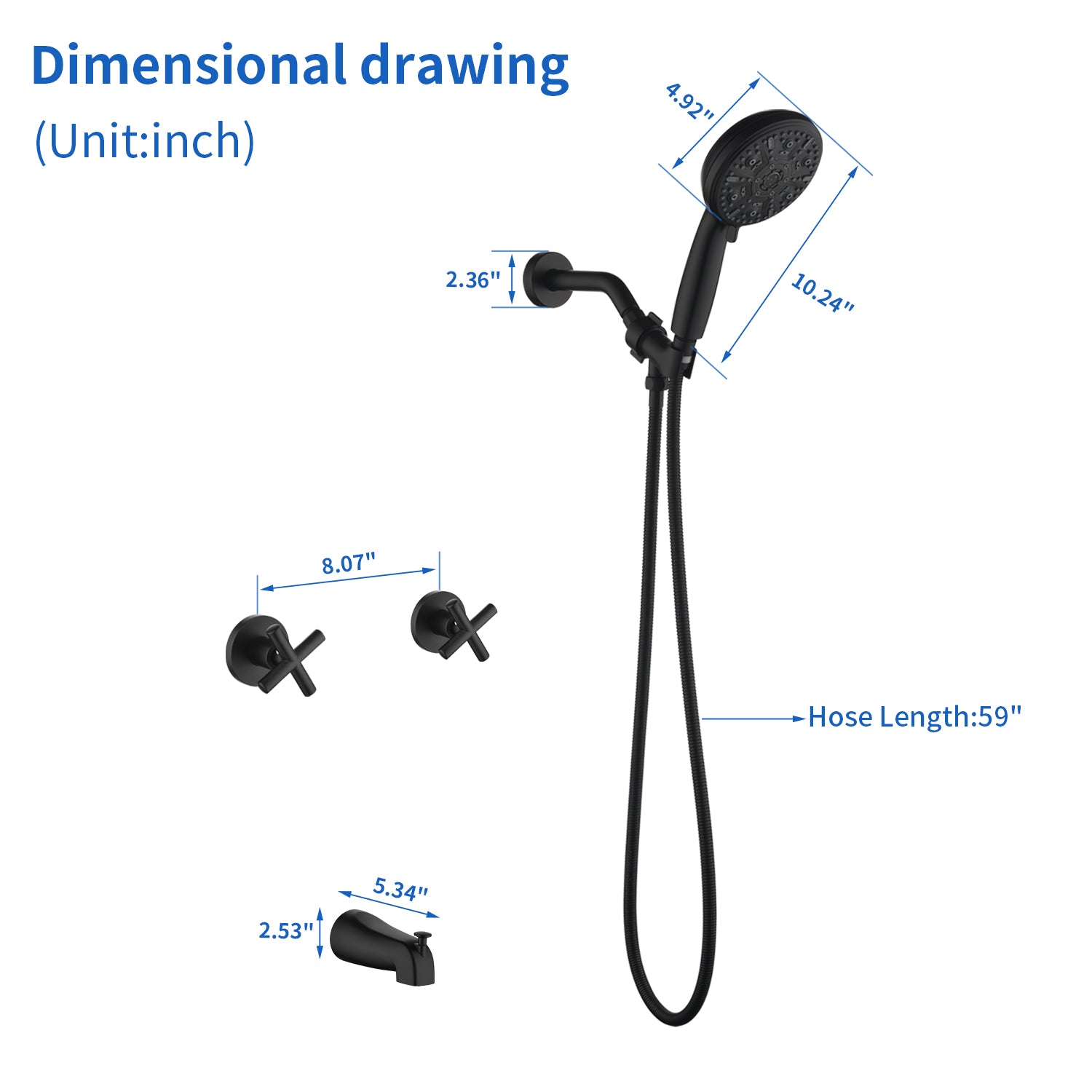 Diverter Tub and Shower Trim Kit with 2-Cross Handle,10 Spray Handheld Shower