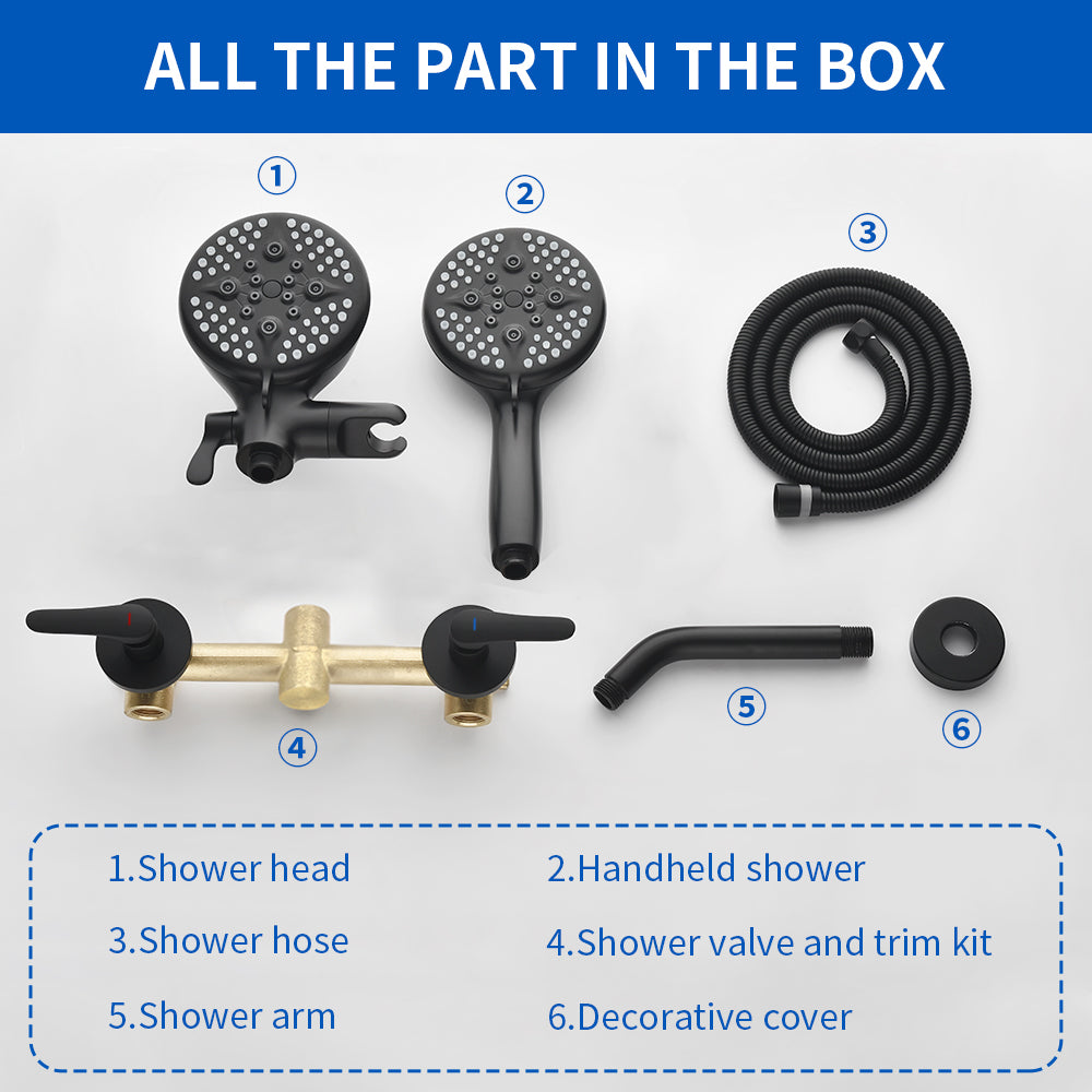 2-Head Shower Trim Kit with 5-Setting Handheld Sprayer and Cross Handle in Matte Black | Brushed Nickel | Brushed Gold