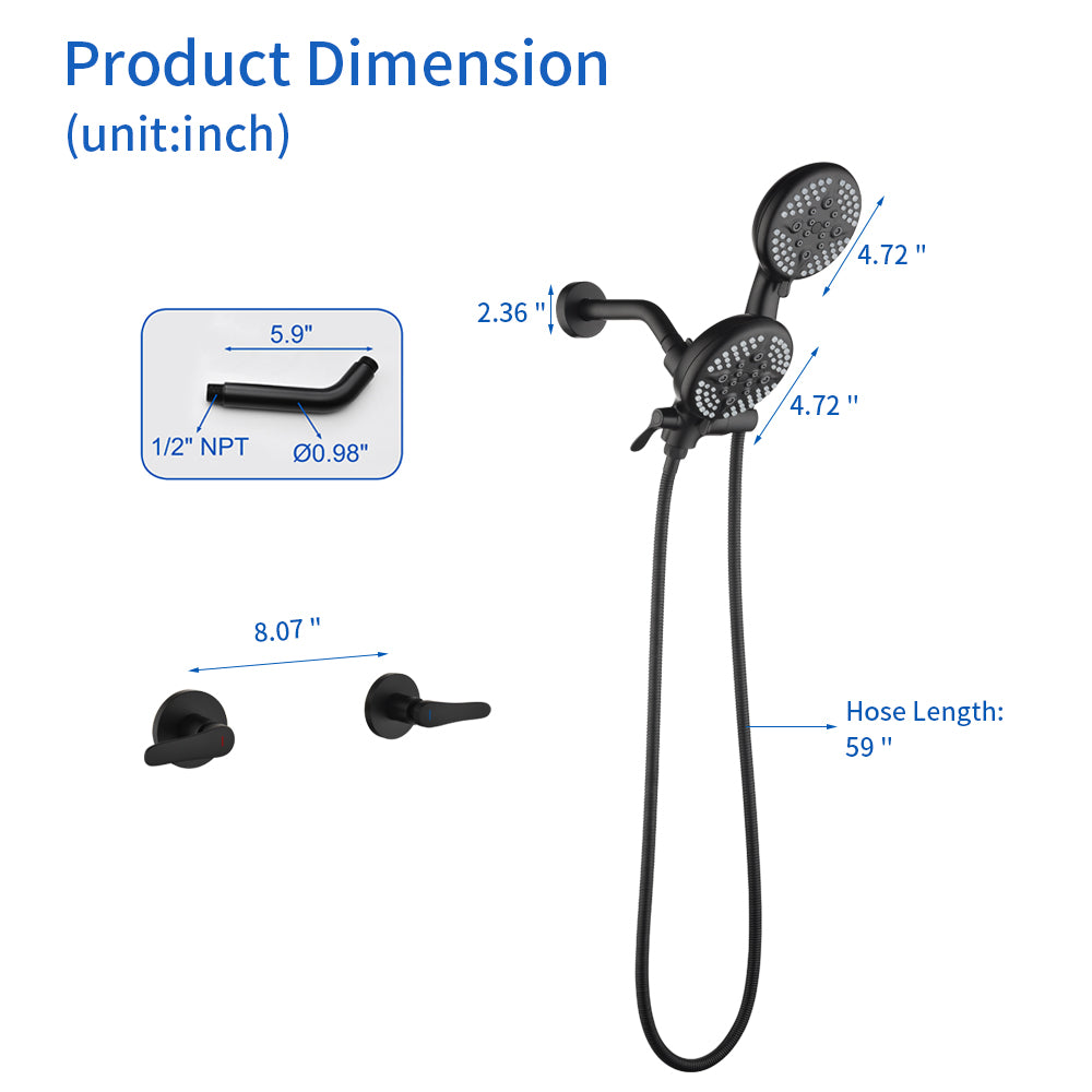 2-Head Shower Trim Kit with 5-Setting Handheld Sprayer and Cross Handle in Matte Black | Brushed Nickel | Brushed Gold