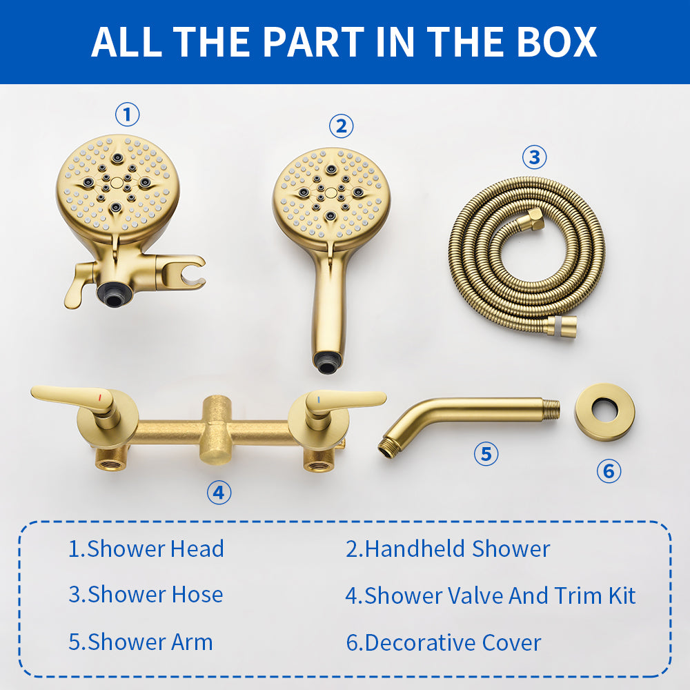 2-Head Shower Trim Kit with 5-Setting Handheld Sprayer and Cross Handle in Matte Black | Brushed Nickel | Brushed Gold