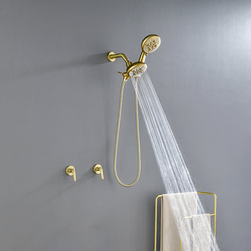 2-Head Shower Trim Kit with 5-Setting Handheld Sprayer and Cross Handle in Matte Black | Brushed Nickel | Brushed Gold