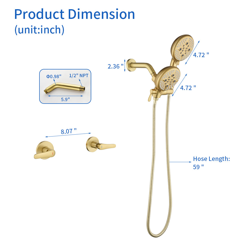 2-Head Shower Trim Kit with 5-Setting Handheld Sprayer and Cross Handle in Matte Black | Brushed Nickel | Brushed Gold