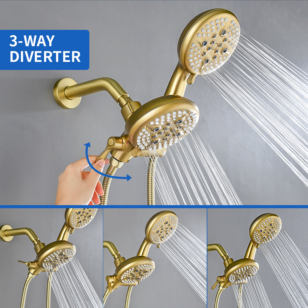 2-Head Shower Trim Kit with 5-Setting Handheld Sprayer and Cross Handle in Matte Black | Brushed Nickel | Brushed Gold