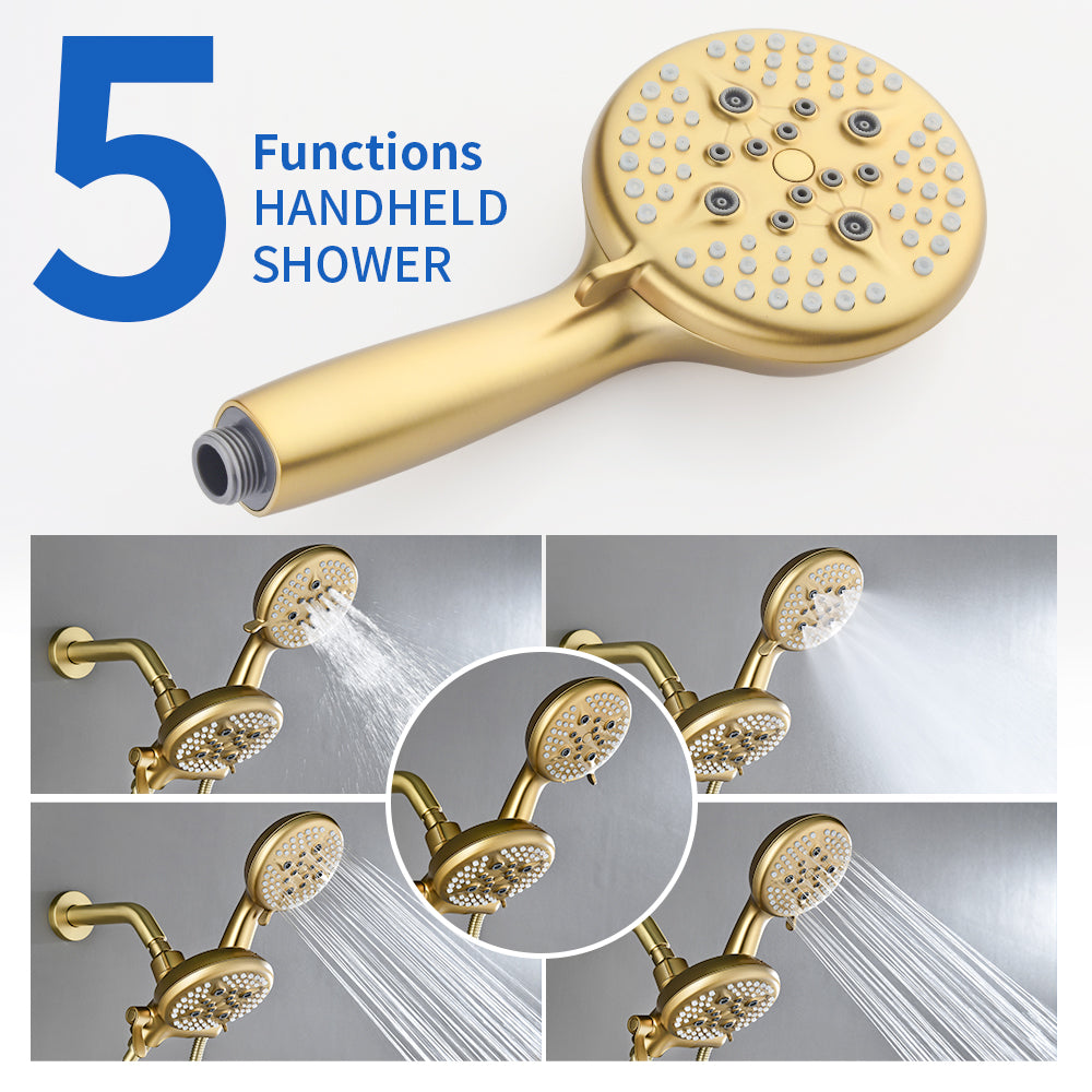 2-Head Shower Trim Kit with 5-Setting Handheld Sprayer and Cross Handle in Matte Black | Brushed Nickel | Brushed Gold