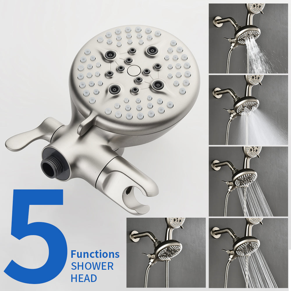 2-Head Shower Trim Kit with 5-Setting Handheld Sprayer and Cross Handle in Matte Black | Brushed Nickel | Brushed Gold