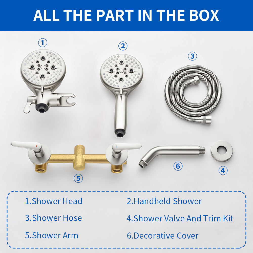 2-Head Shower Trim Kit with 5-Setting Handheld Sprayer and Cross Handle in Matte Black | Brushed Nickel | Brushed Gold