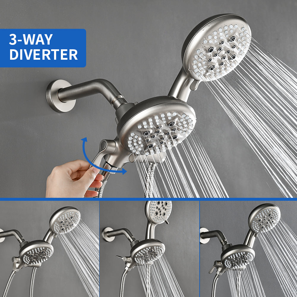 2-Head Shower Trim Kit with 5-Setting Handheld Sprayer and Cross Handle in Matte Black | Brushed Nickel | Brushed Gold