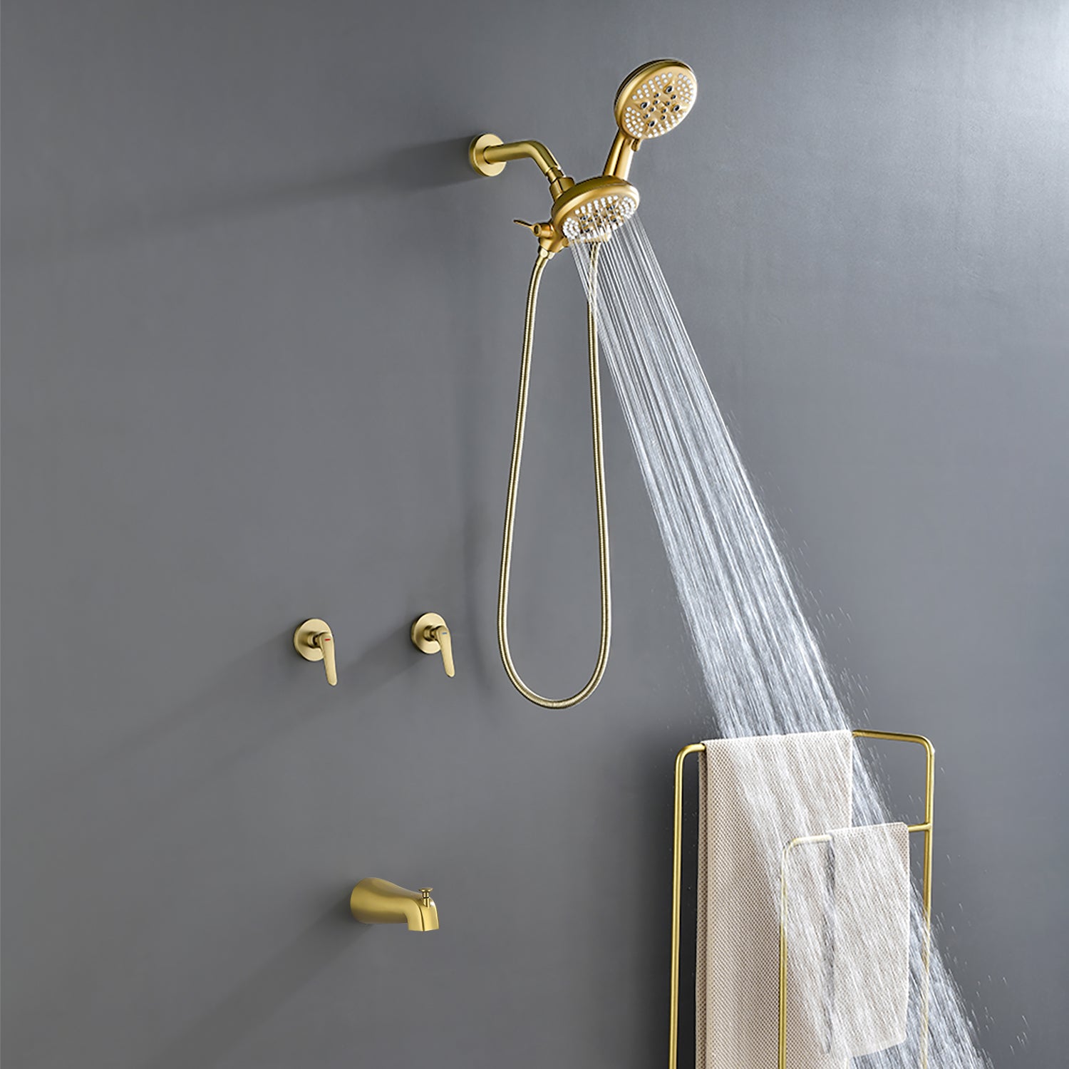 High pressure 5-Mode Dual 2 in 1 Wall mounted Shower System Combo with tub spout and cross handle