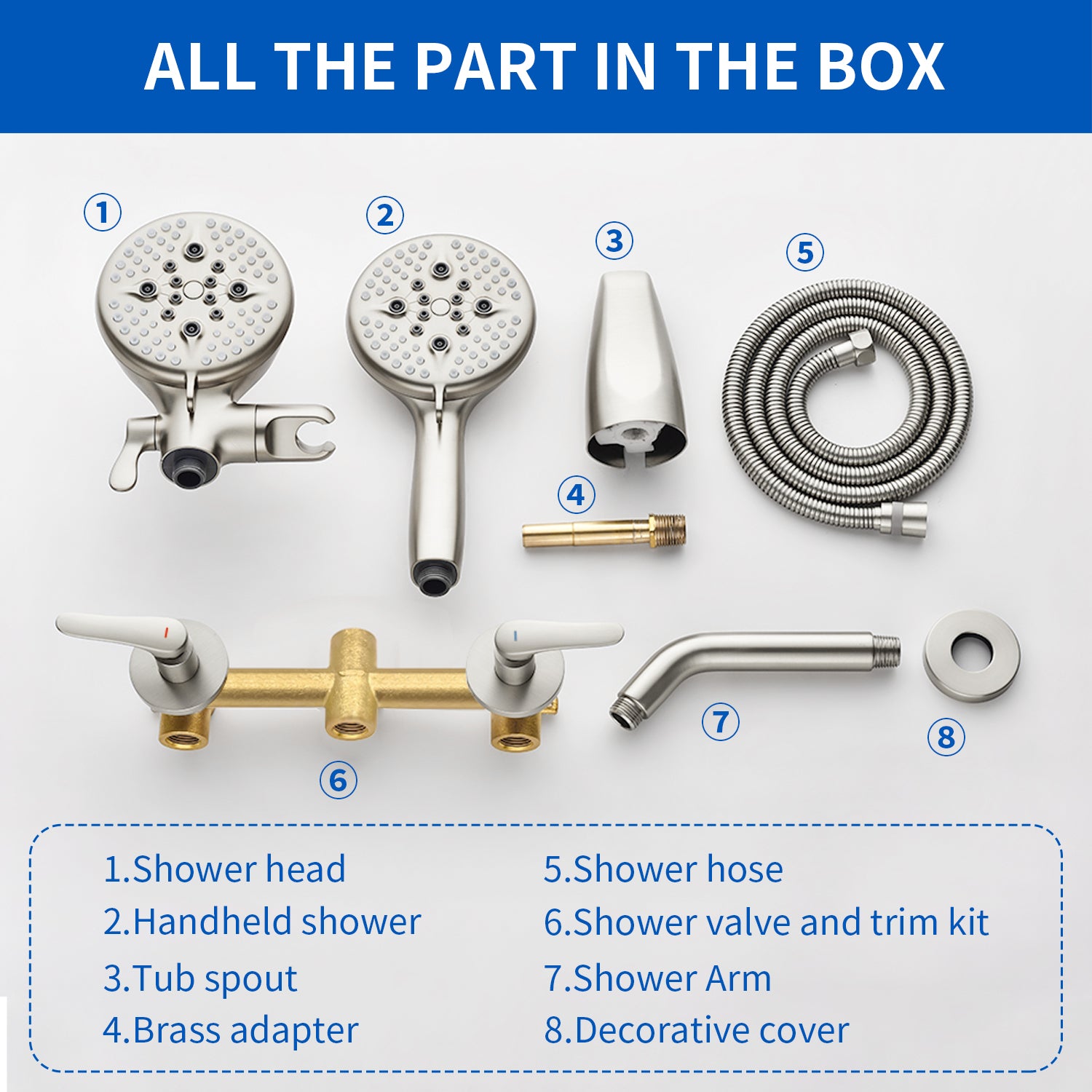 High pressure 5-Mode Dual 2 in 1 Wall mounted Shower System Combo with tub spout and cross handle
