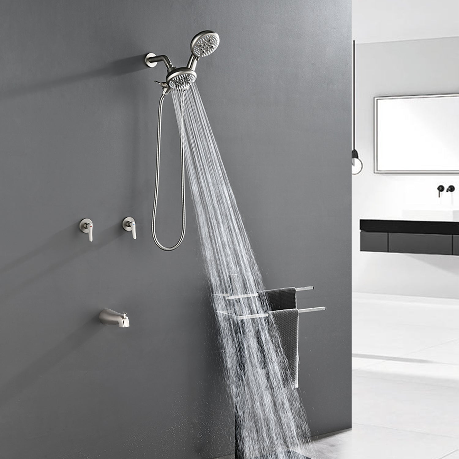 High pressure 5-Mode Dual 2 in 1 Wall mounted Shower System Combo with tub spout and cross handle