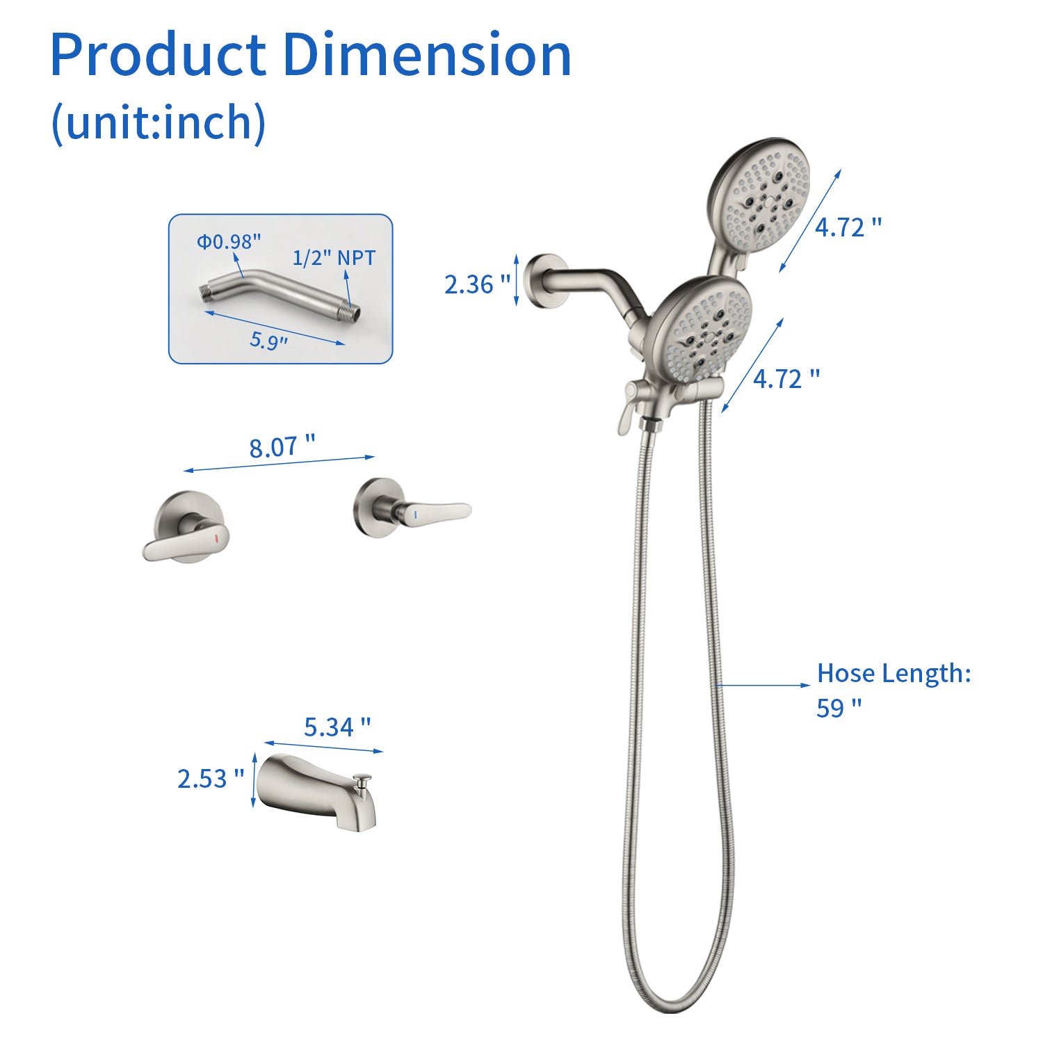 High pressure 5-Mode Dual 2 in 1 Wall mounted Shower System Combo with tub spout and cross handle